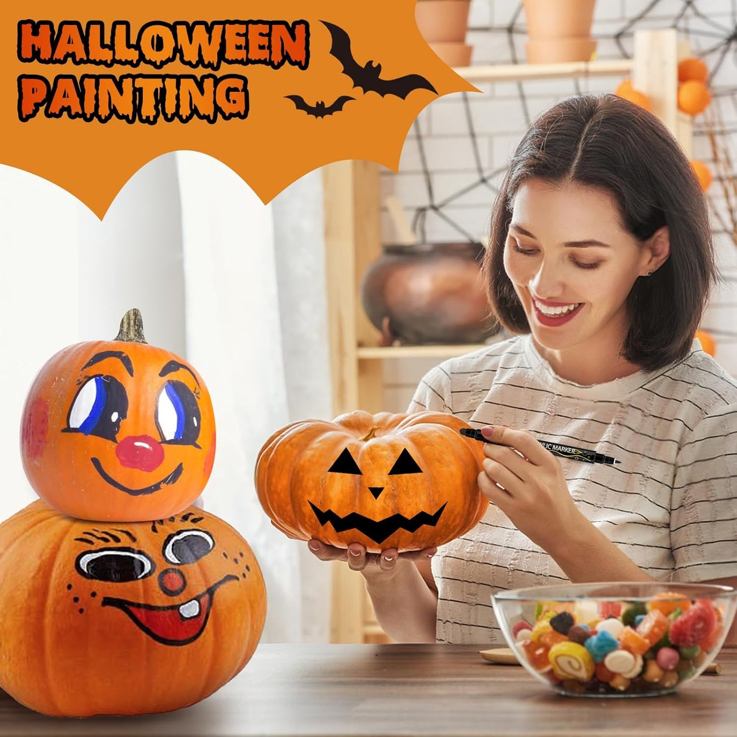 Betem 12 Colors Dual Tip Acrylic Paint Pens Markers, Premium Acrylic Paint Pens for Halloween Decorations, Wood, Canvas, Stone, Rock Painting, Glass, Ceramic Surfaces, Pumpkin Painting Kit DIY Crafts