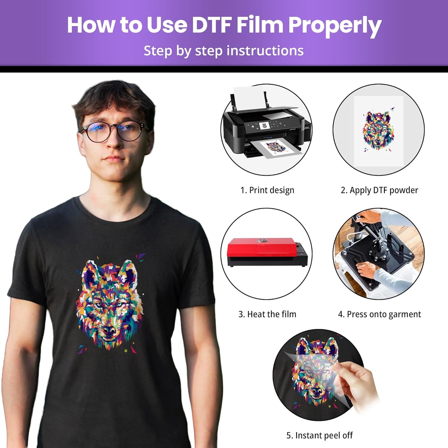 Vintalie DTF Transfer Film – A4 (8.5”x11”)50 Sheets Premium Matte Double Sided DTF Film PET Transfer Paper Direct to T Shirts