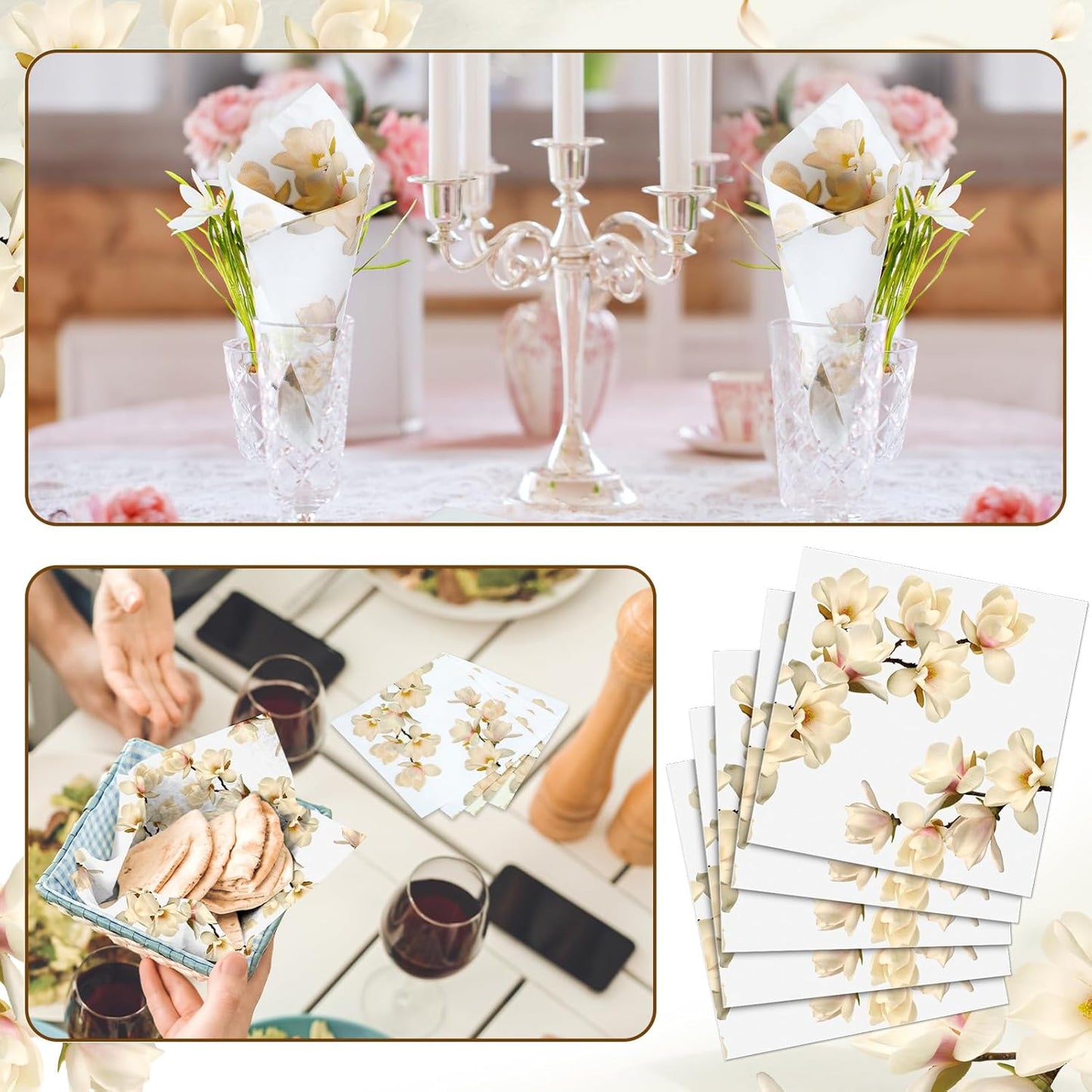 60 Pcs White Magnolia Floral Cocktail Paper Napkins 6.5 x 6.5 Inches Disposable Paper Napkins Dessert Beverage Tissue for Decoupage Luncheon Tissue for Theme Party Wedding Birthday Party