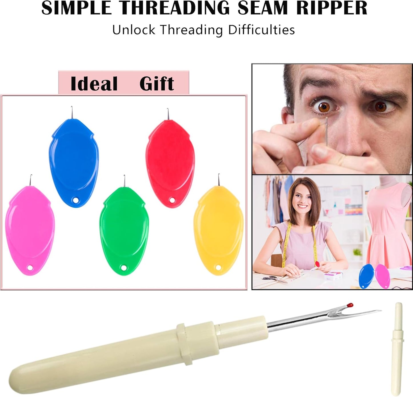 meeggrace Needle Threader, Small Needle Eye Threader Tool, Easy Threader for Machine and Hand Sewing, Fast and Precise Threading, Ideal for Needlework, with Transparent Box, 5 Colors in A Box(6PCS)