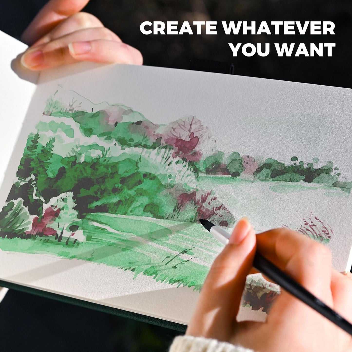 Funto Watercolor Journal, 8.5x5.5, 2 Pack, 48 Pages Each, Green Leather Cover, Cold-Pressed, Inner Paper Pocket, Art Supplies for Mixed Media