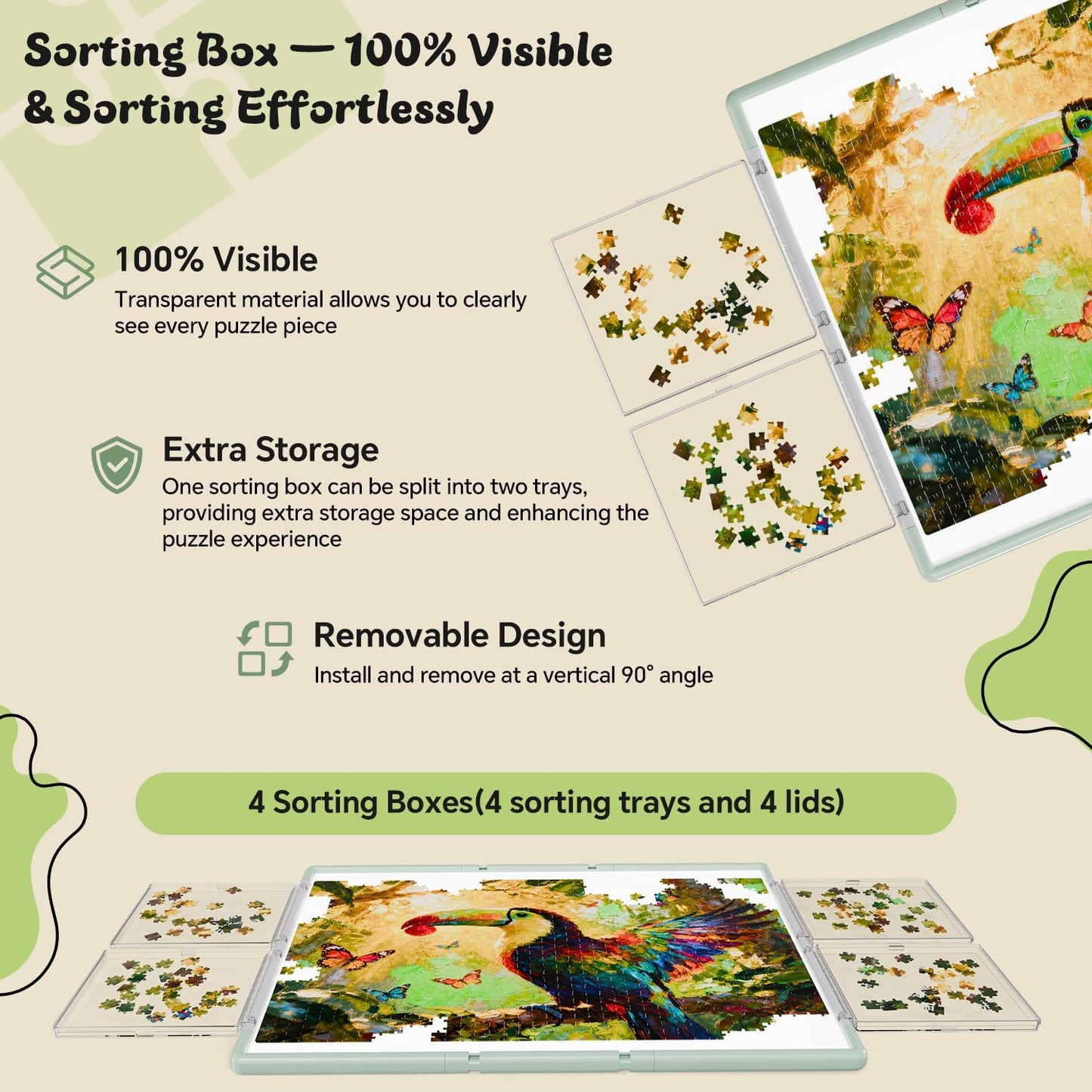 1500 Pieces Puzzle Board 3-in-1 Double-Sided & Rotating & Tilting, Plastic Puzzle Table with Sorting Boxes and PVC Cover, Portable Lazy Susan Jigsaw Puzzle Board for Adults, Gray Green