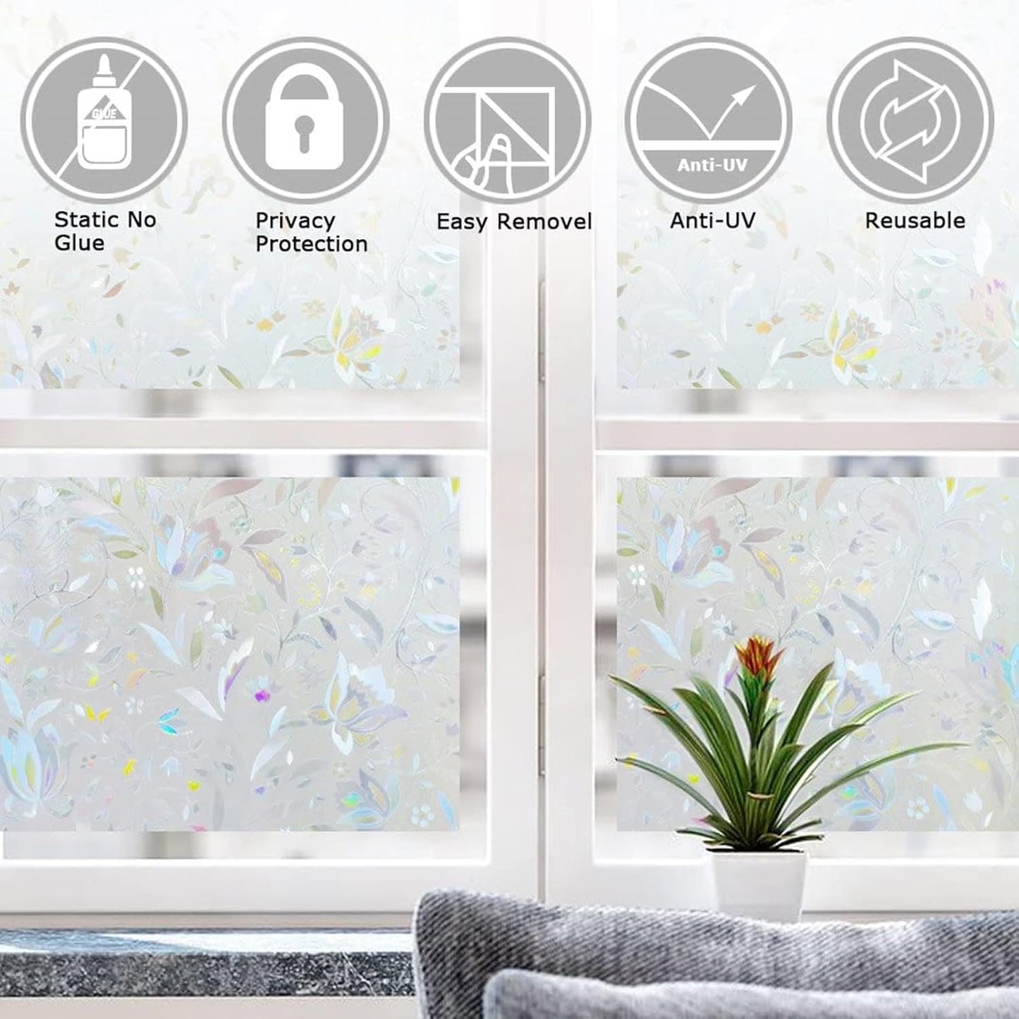 LEMON CLOUD Window Film, Decorative Window Privacy Film, 3D Stained Glass Window Sticker,Anti-UV Sun Blocker Heat Control for Home(Rainbow Tulip Design,23.6 x 111.8 inches)