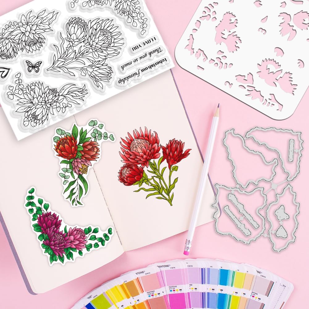 ORIGACH Realistic Protea Cynaroides Flower Layering Stencil Stamp and Die Set for Card Making, Silicone Stamps Metal Die Cut and Template for Card Making Scrapbooking DIY Crafting