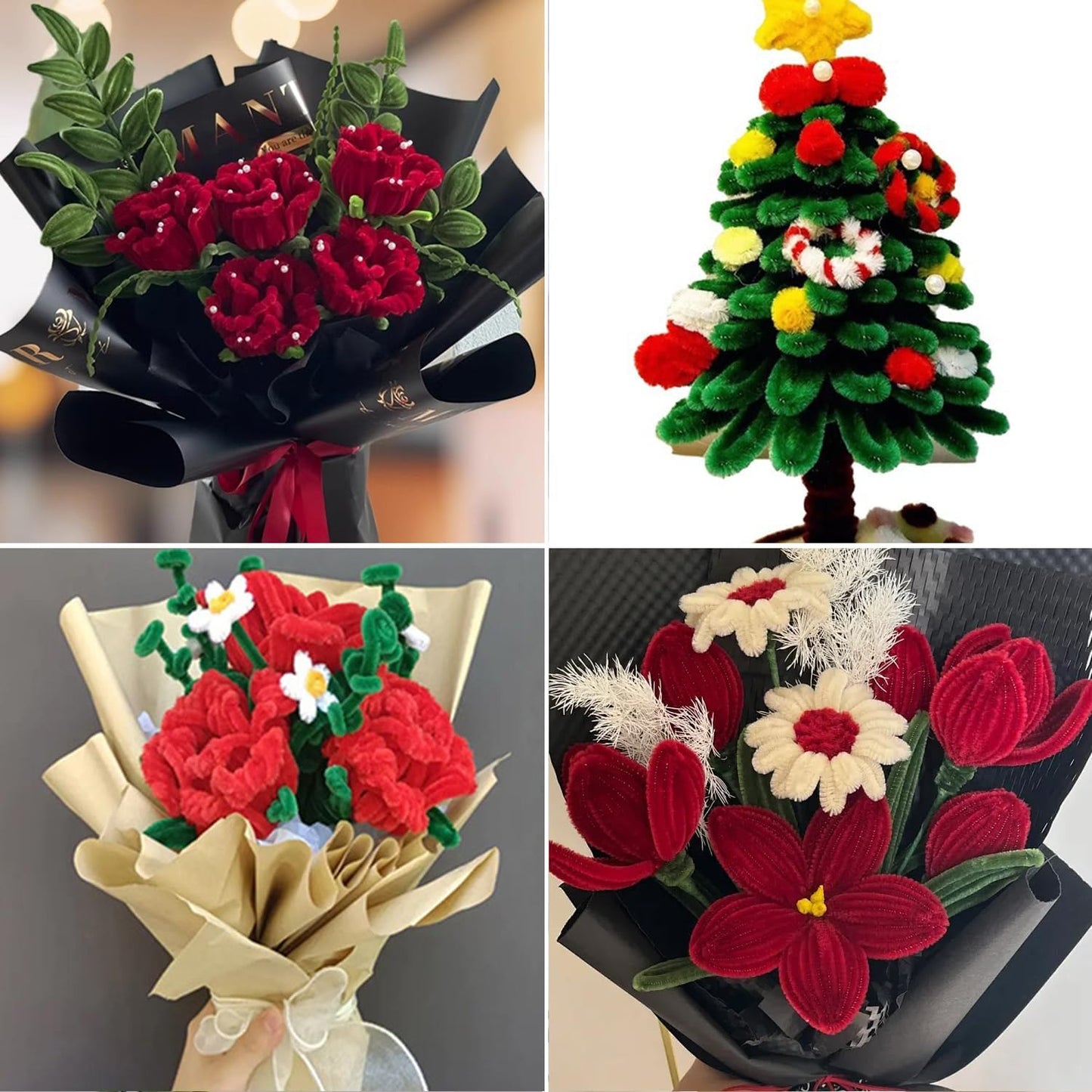 500 Pcs Pipe Cleaners Craft,5 Colors Pipe Cleaners Bulk,Chenille Stems Flowers Craft kit for DIY Handmade Bouquet Wrapping Party Decorations whit Ribbons,Stems,Tape,Stamens, Glue Sticks (Red)