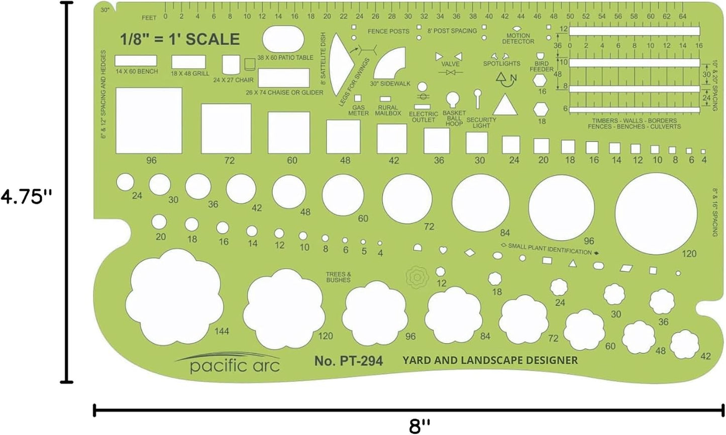 Pacific Arc, Landscape Template, 1/8 inch Scale, Drawing aid Stencil for Professional or School Work. Size 4.75 x 8 in.