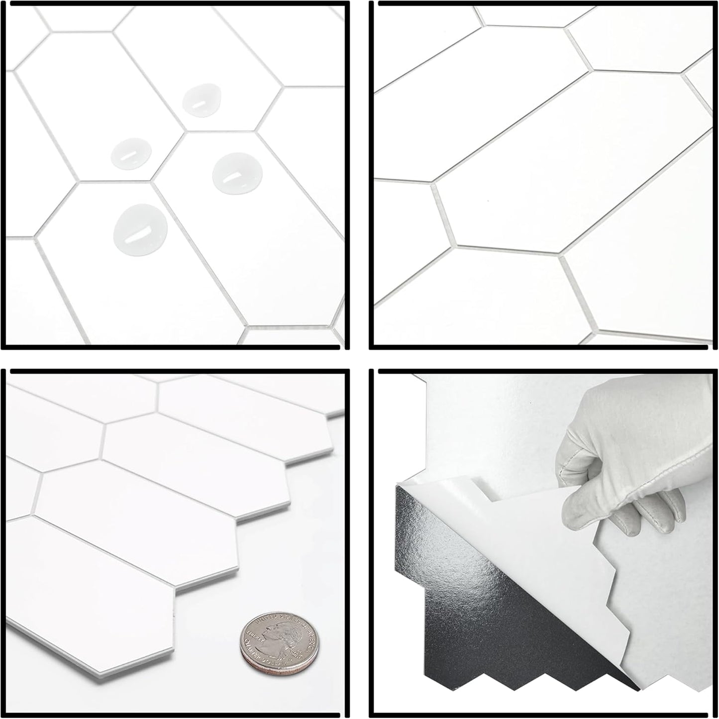 The Tiles Plaza 10-Sheet Peel and Stick Backsplash, White Long Hexagon Self Adhesive Wall Tile, Stone Composite Stick On Decorative Mosaic Tile for Kitchen Bathroom Fireplace