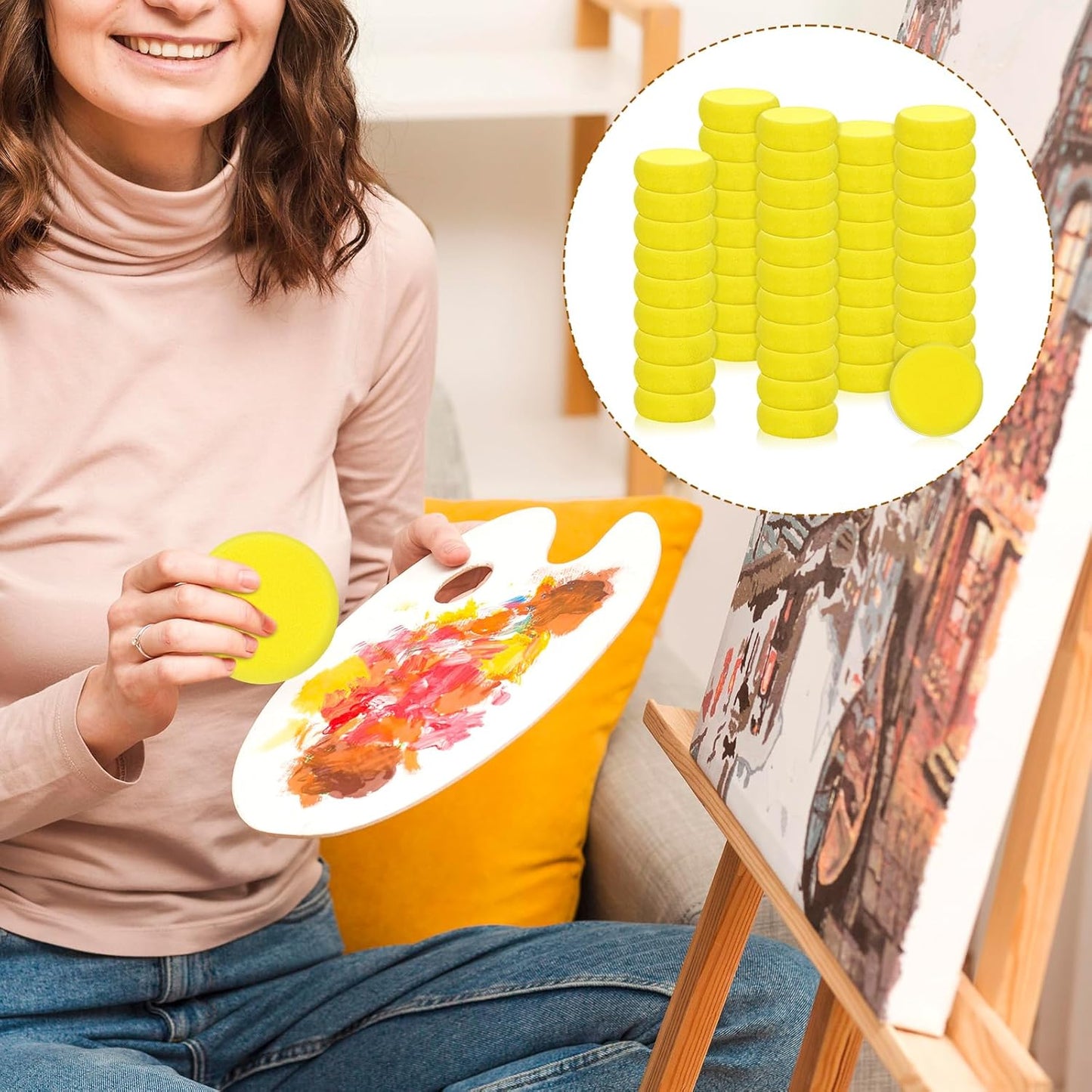 50 Pack Painting Sponge Pottery Sponges 2.9 inch Round Sponge Clay sponges for Pottery Yellow Artist Sponges for Face Painting Pottery Ceramics Art Crafts