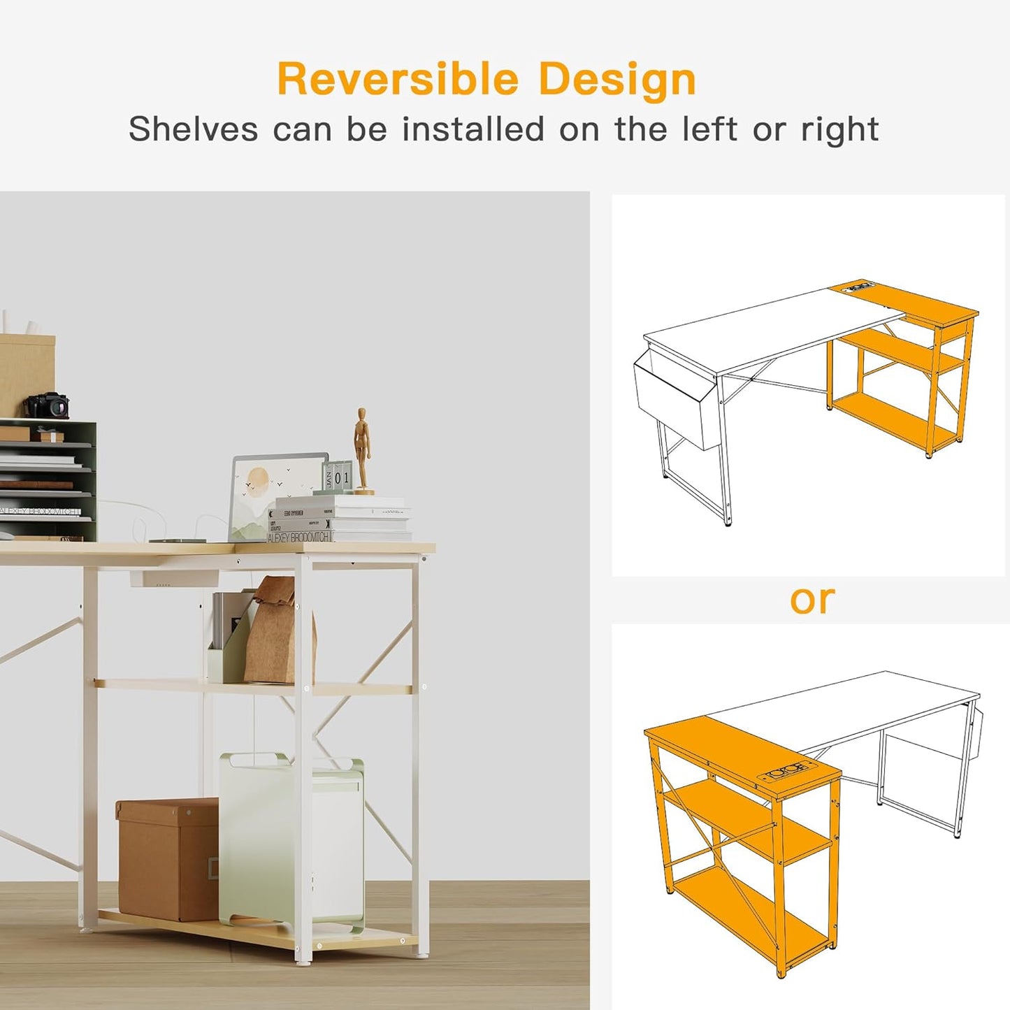 TIQLAB L-Shaped Computer Desk with Power Outlets - Reversible Shelves, 47 Inch Gaming & Study Desk in Beige