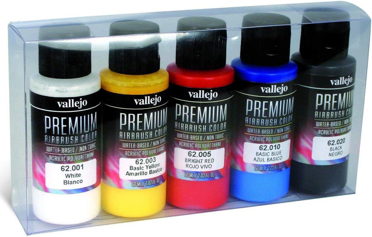 Vallejo - Premium Color Set Opaque Basics Colors | Matte Finish Airbrush Paints | Multicolor Polyurethane Coating Kit | RC Model Surface Coverage System | 5 Bottles x 60 ml. (2.02 fl.oz.)