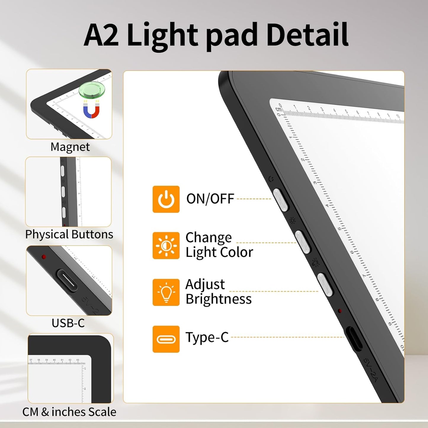 TOHETO Rechargeable Magnetic A2 Light Board 25.2''x18.4'', Large Diamond Painting Light Pad with Side Buttons, 3 Light Colors Light Box for Tracing and Drawing, Dimming LED Light Table for Sketching