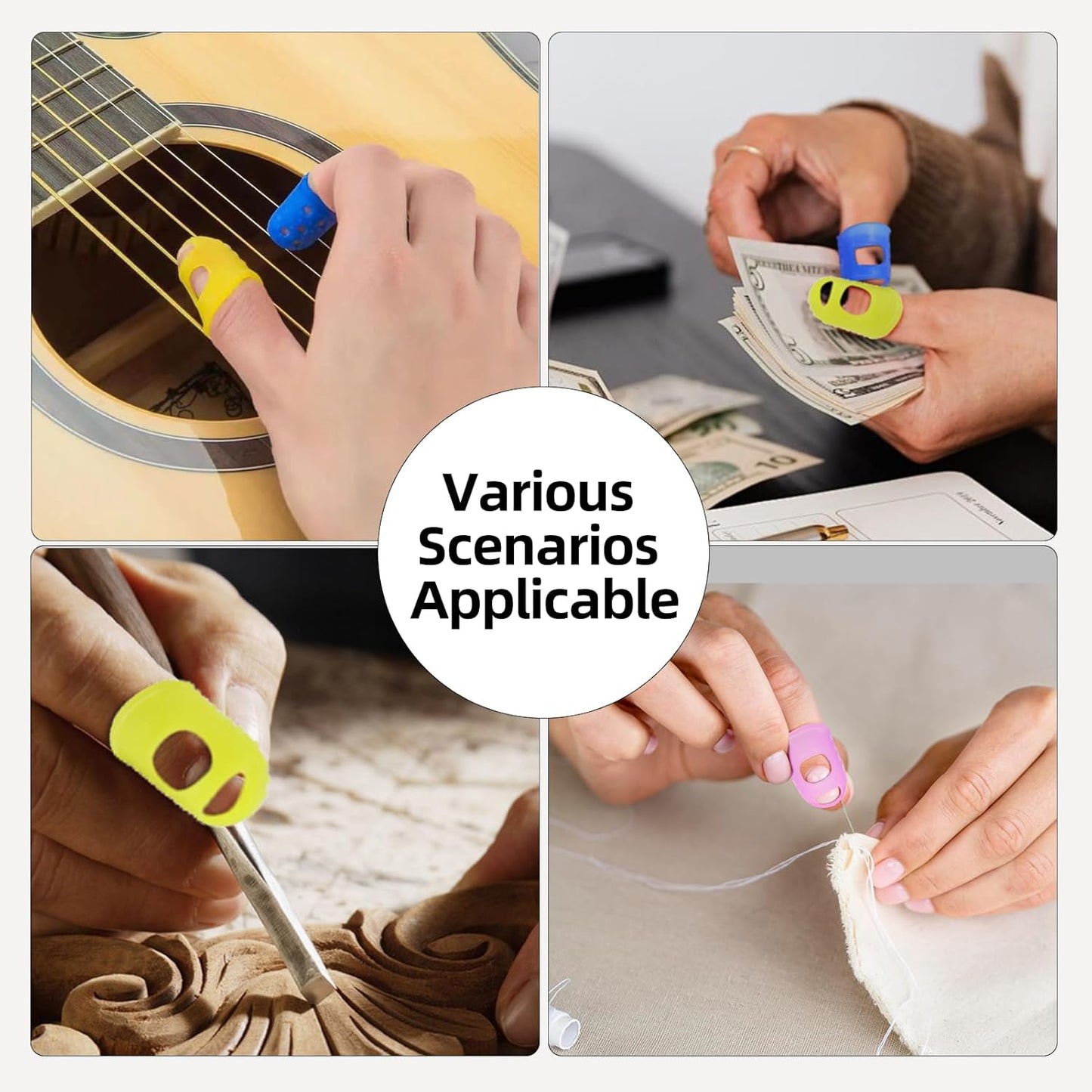 Guitar Fingertip Protector Silicone Thimble 20 PCS Rubber Finger Tips with 5 Sizes (XS-XL),4 Colors for Hand Embroidery Sewing, Carving, Comfort Grip for Guitarists, Office Workers