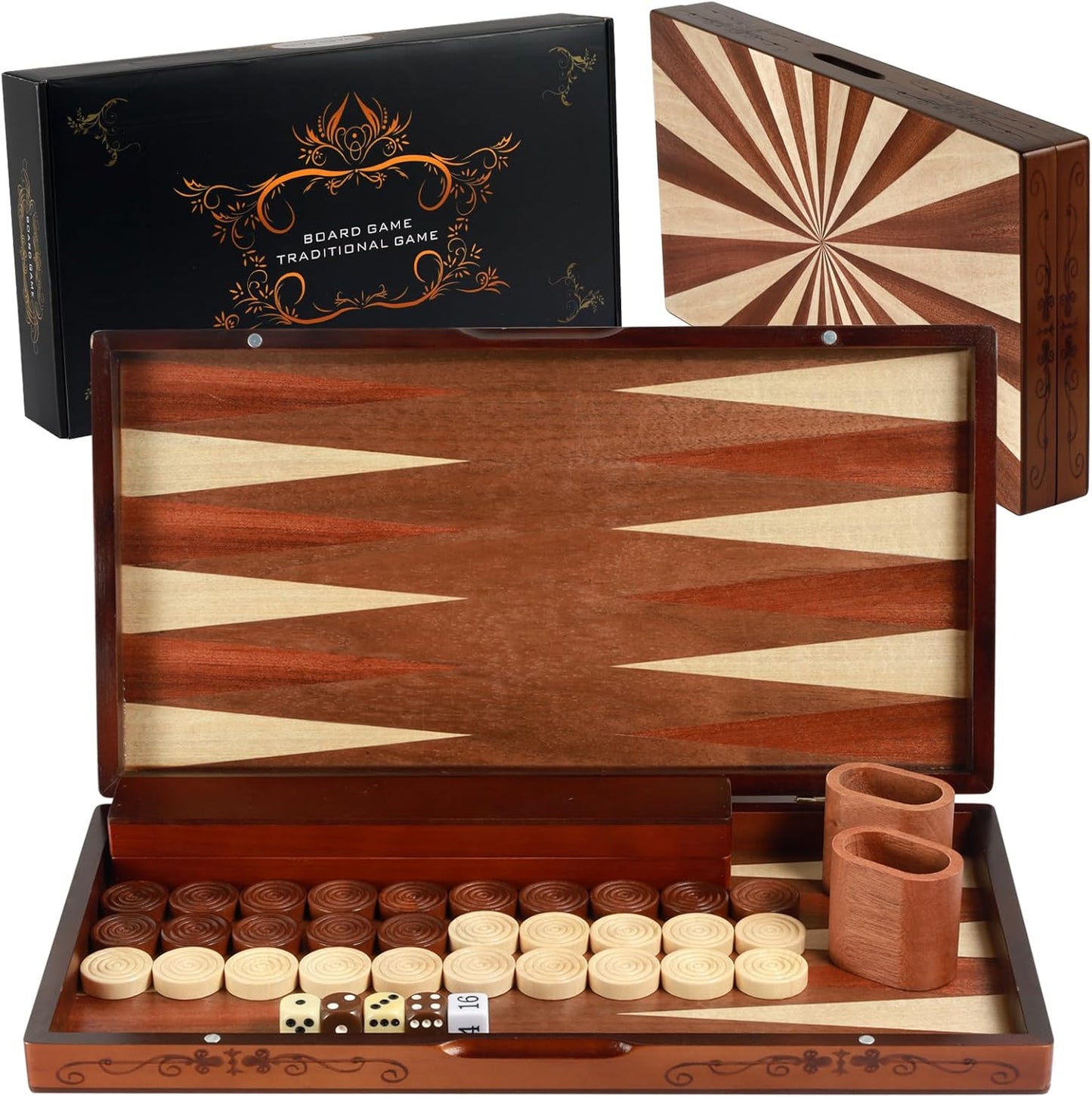 Wooden Folding Backgammon Set - Large 15.75" (40cm), Handcrafted Exquisite Design, Perfect for Adults & Kids, Ideal for Backgammon Enthusiasts