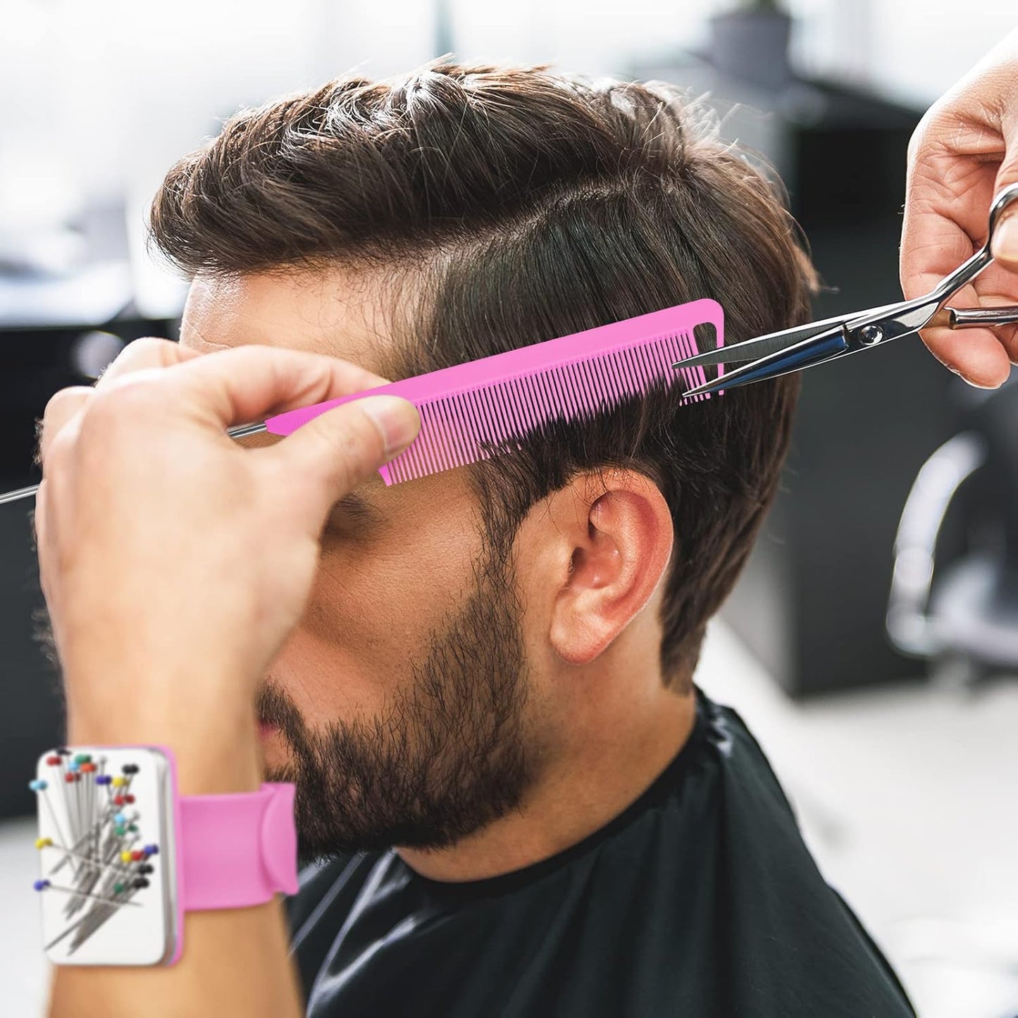 WILLBOND Magnetic Wrist Sewing Pincushion Wrist Magnetic Pin Holder Wristband Pin Cushion Holder with 3 Pcs Stainless Steel Pintail Comb Rat Tail Comb for Hair Clips Hand Sewing(Pink)