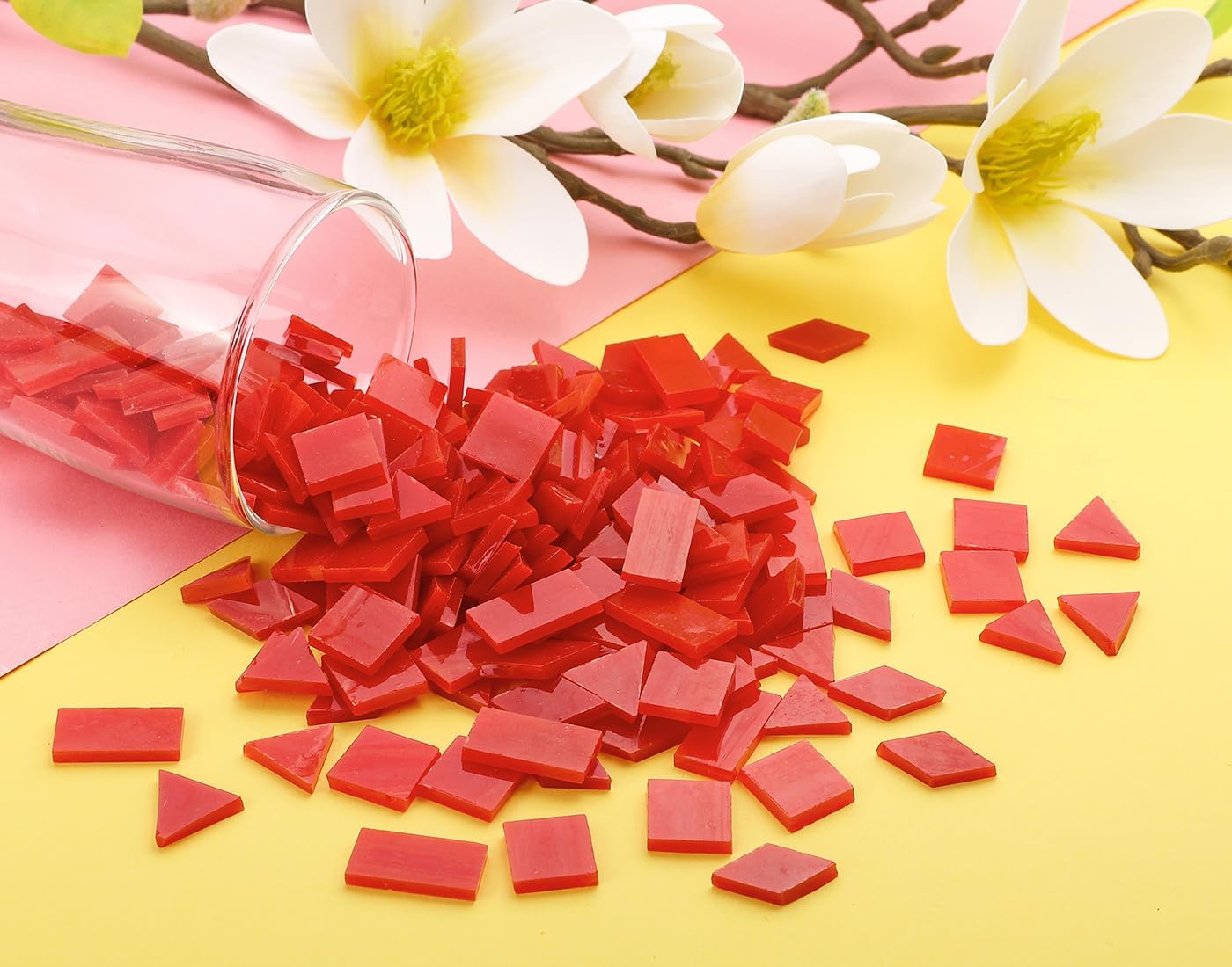 Lanyani 200 Pieces Glass Mosaic Tiles for Crafts,4 Shapes Mixed Colorful Tiffany Stained Glass Pieces,Square/Rectangle/Diamond/Triangle,Fire Red