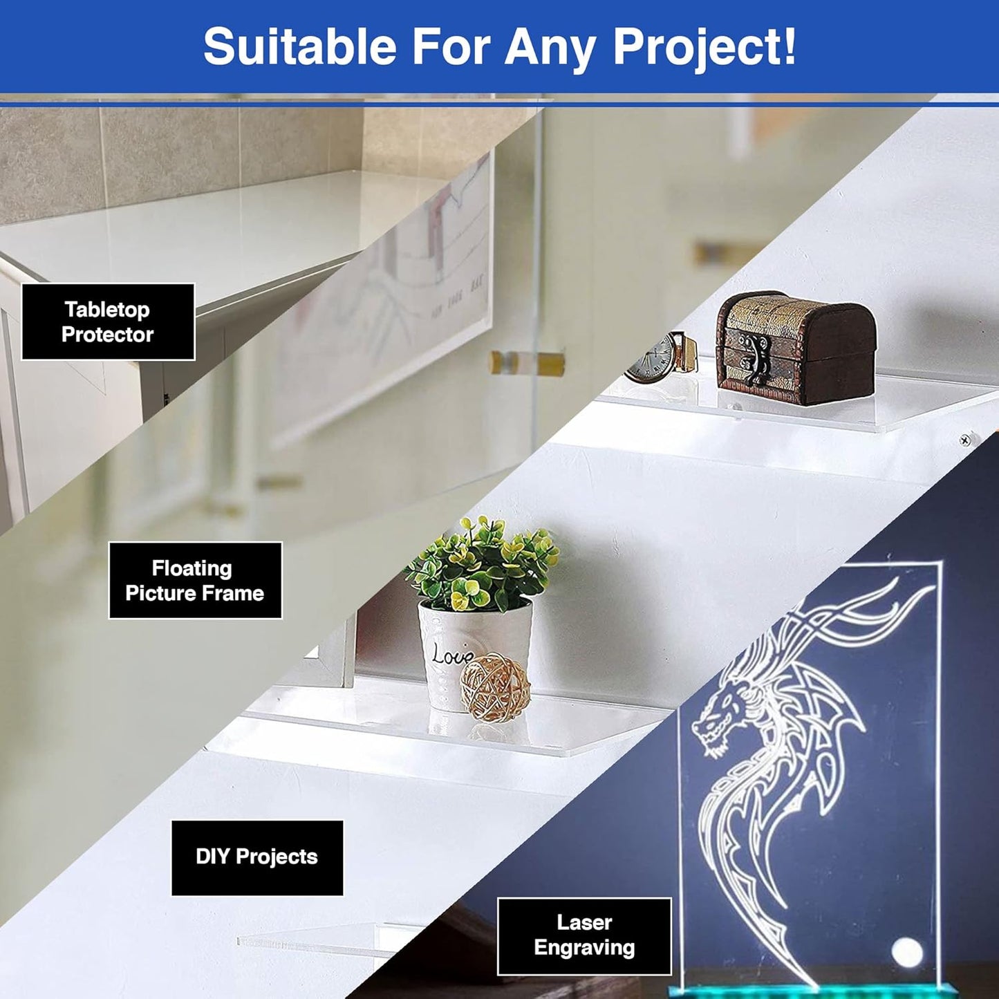 Duco USA-Made Clear Cast Acrylic Sheet 1/8 Inch Thick 6" x 6" - 12 Pack of Transparent Plexiglass Sheet - Lightweight Acrylic Board for Window Replacements, Displays, Signs, and More
