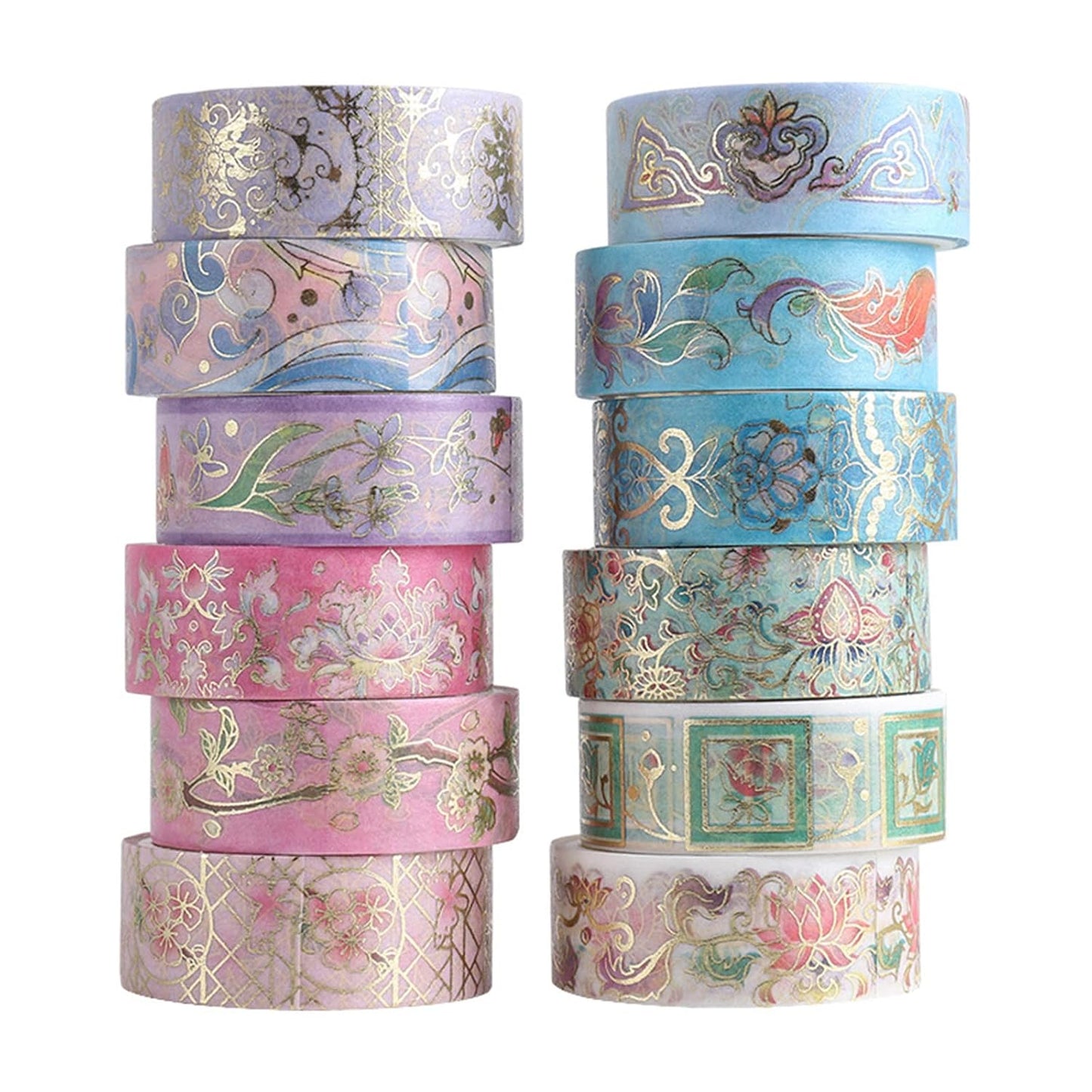 12 Rolls Floral Washi Tape Set, Gold Foil Flower Washi Tape, Botanical Washi Tape for Scrapbooking, Bullet Journal, Planner, DIY Crafts, Gift Wrapping