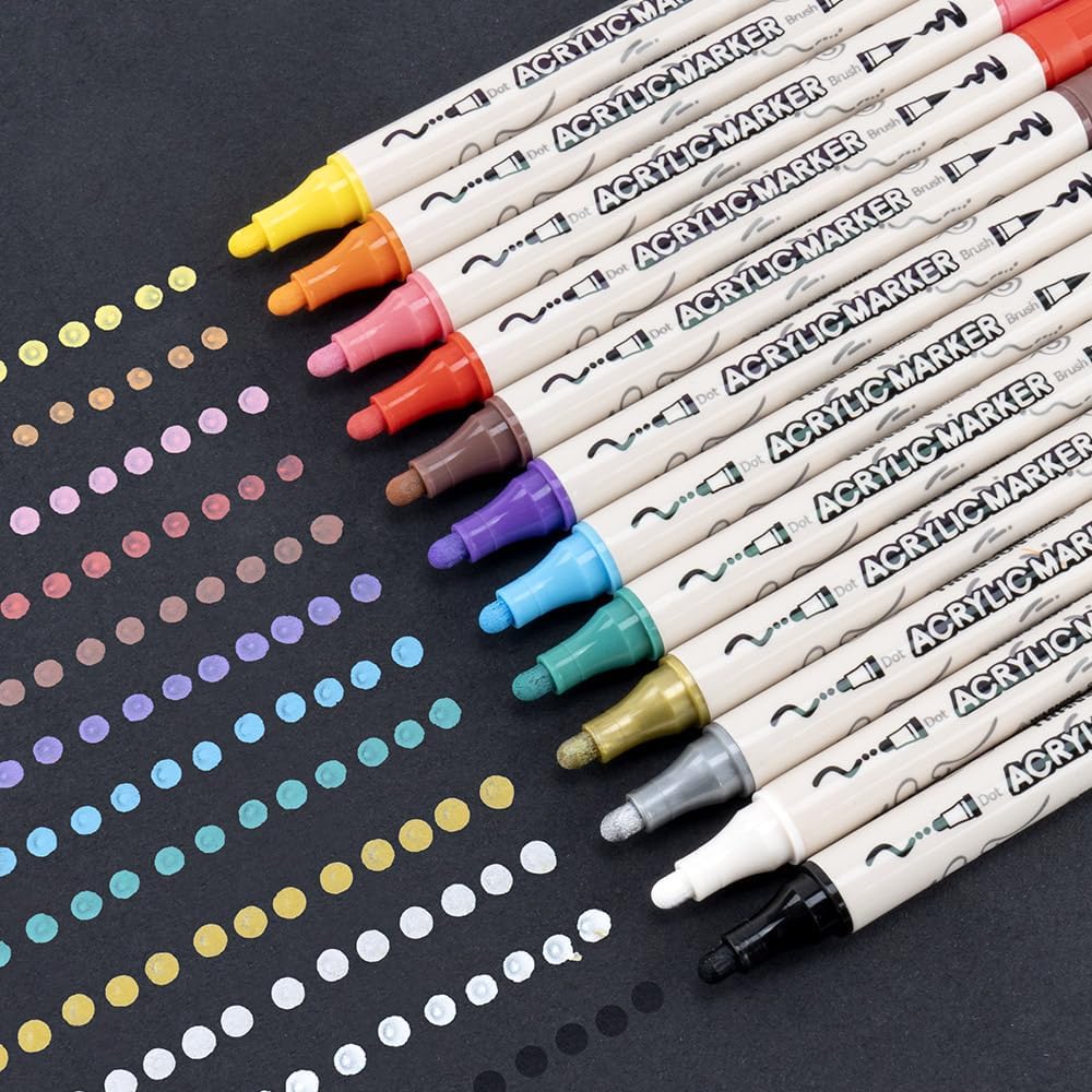 TRANSON 12 Colors Bold and Brush Dual-tip Acrylic Paint Marker Pen Set for Canvas Rock Wood Leather Ceramic DIY Painting