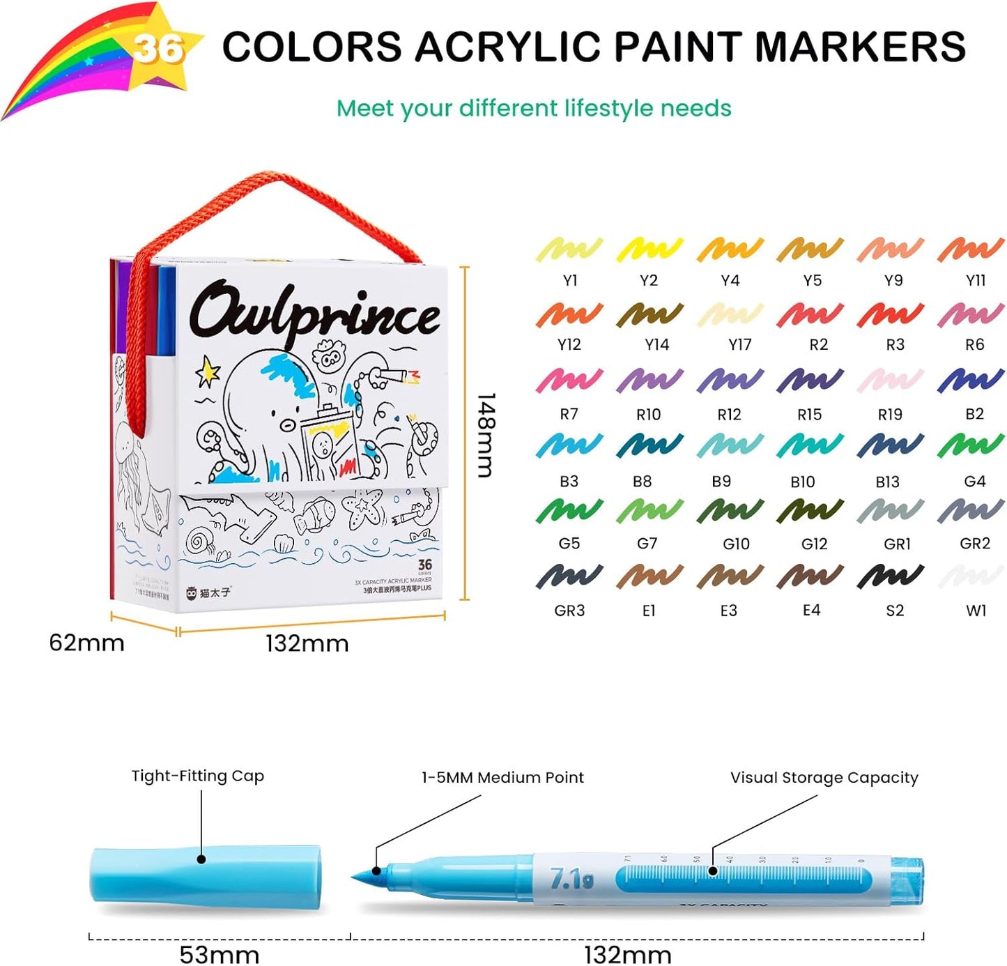 Mooking Acrylic Paint Markers Brush Tip, 36 Colors Acrylic Markers with Automatic Ink Control - 7.1G Large Capacity Quick Drying Waterproof Paint Pens for Rock, Egg, Wood, Fabric, Glass, DIY Crafts