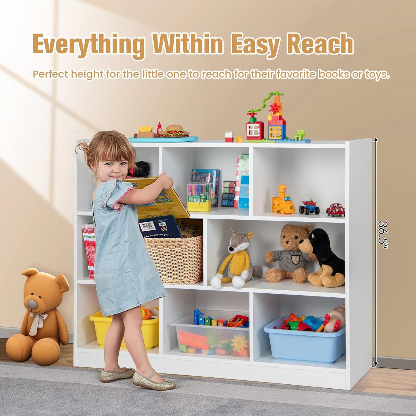 Toy Storage Organizer, 3-Tier Kids Bookshelf, 8 Cube Kids' Bookcases, Cabinets & Shelves, Wooden Toy Organizers, Small Book Shelf for Bedroom, Playroom, Classroom, Nursery (White)