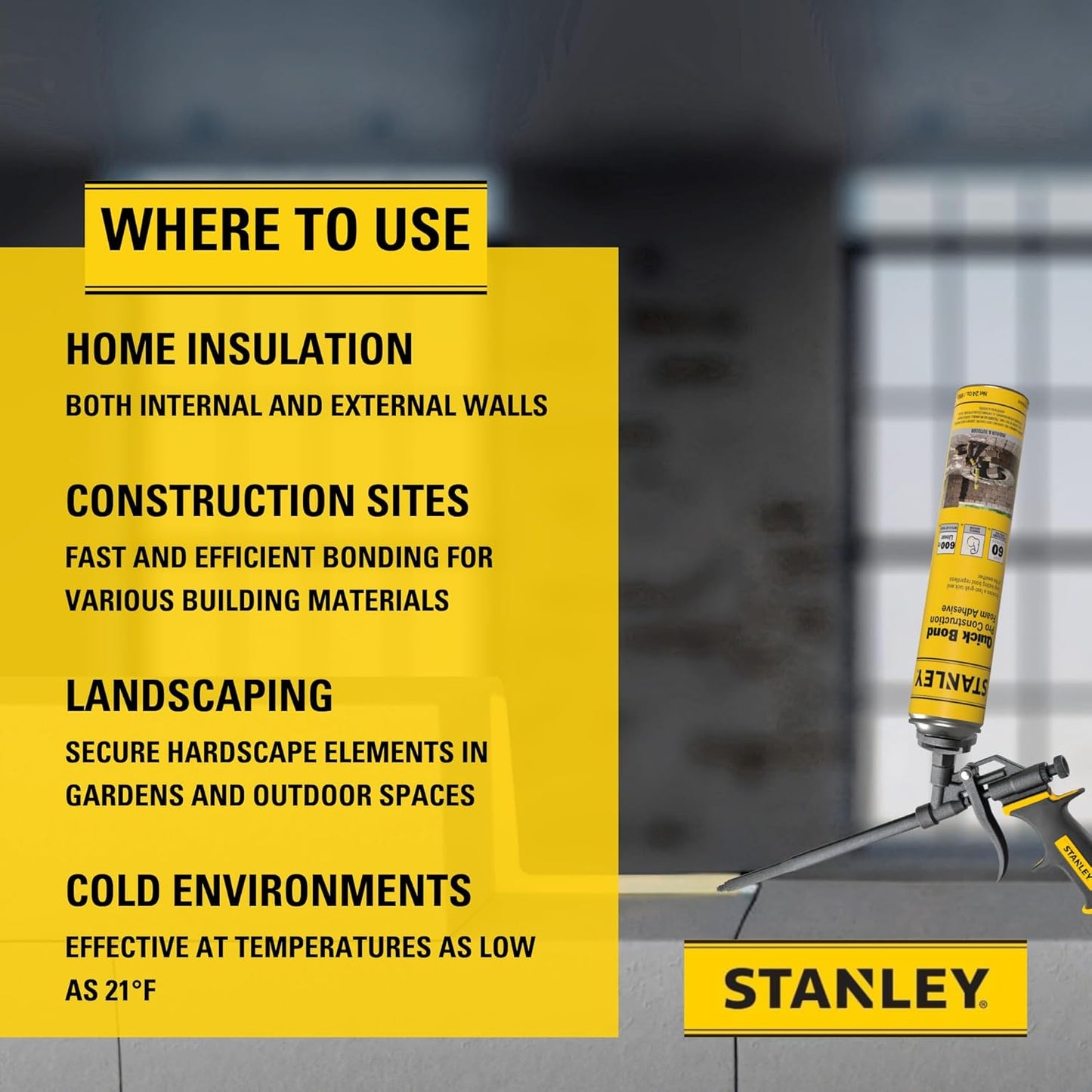 Stanley Quick Bond Adhesive Foam - 2x24oz, Reliable Bond Adhesive for Various Materials, Strong bonding, No Mixing, Gun Use, Including Gun, Cleaner | 2 Pack