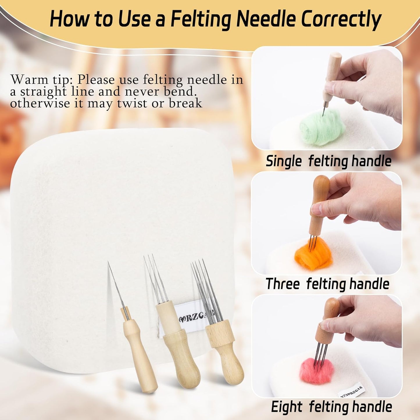 NFAMRZCAR Needle Felting Pad,Thick and Firm Needle Felting Mat Natural Wool Felting Mat with 110 Needle 3 Needle Wood Handles 1 Clean Cloth,Clear Instruction (New 6 * 6inch)