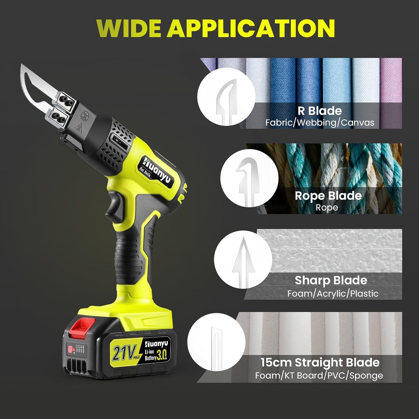 Huanyu Cordless Hot Knife with Temp. Display 100W Max 500℃ 3.0Ah Battery Powered Air Cooling Cutting Tool 4 Blades Set Electric Hot Knife Foam Cutting Tool Craft Shears for Rope, Fabric, Acrylic