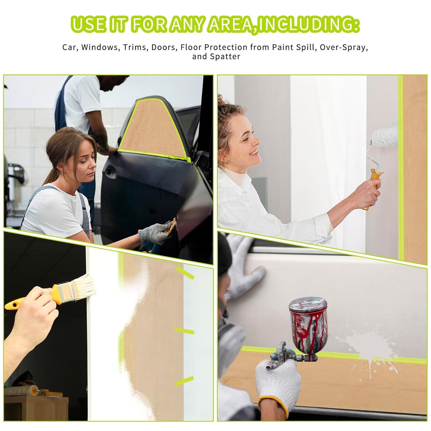 6 Rolls Pre-Taped Paint Masking Paper and 3 Masking Tape, 50 Feet/ Roll Assorted Sizes Tape and Drape Painters Paper for Painting, Automotive Paint, Floor Protection, Wall Covering, Floor Protection