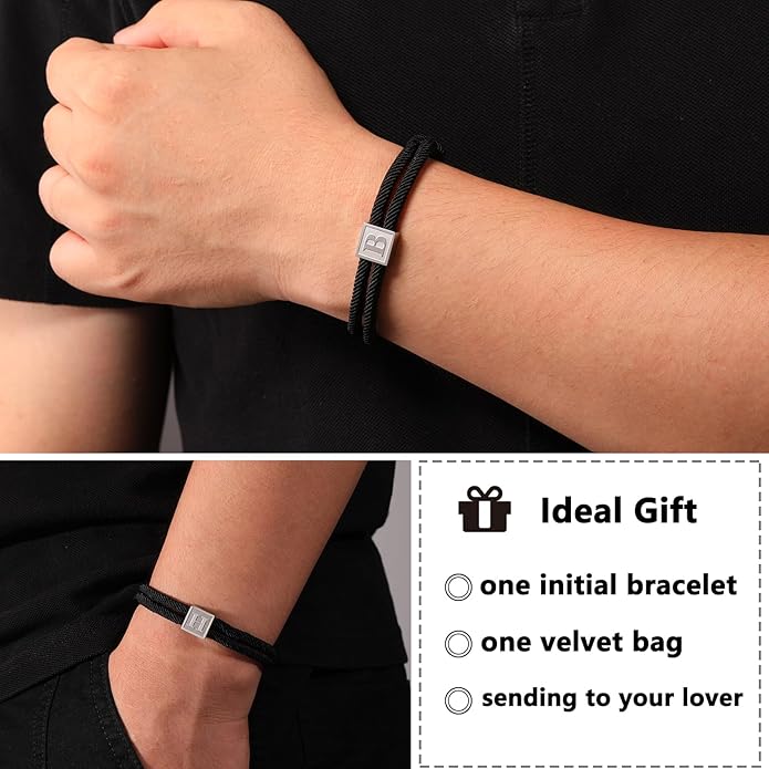 Zocomi Valentines Day Gifts for Him - Rope Initial Bracelet for Men Boys Girls, Stainless Steel A-Z Letter Charm Bracelet, Handmade Braided Bracelet Adjustable 7-13 Inches Jewelry Gifts for Men