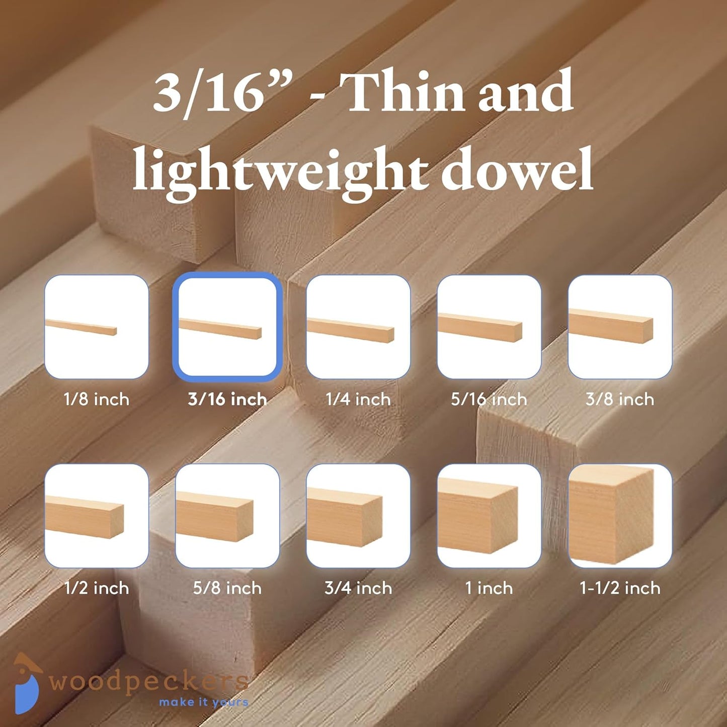 Wood Square Dowel Rods 3/16-inch x 12 Pack of 100 Wooden Craft Sticks for Crafts and Woodworking by Woodpeckers