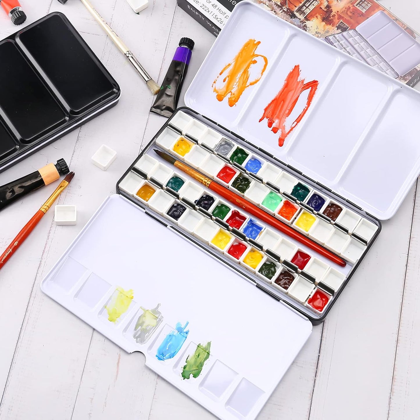 LOONENG Empty Watercolor Palette, Metal Watercolor Tin with Fold-Out Palette, Large Watercolor Tray Palette with 52 Empty Watercolor Half Pans for Plein Air Painting, Acrylic and Oil Painting
