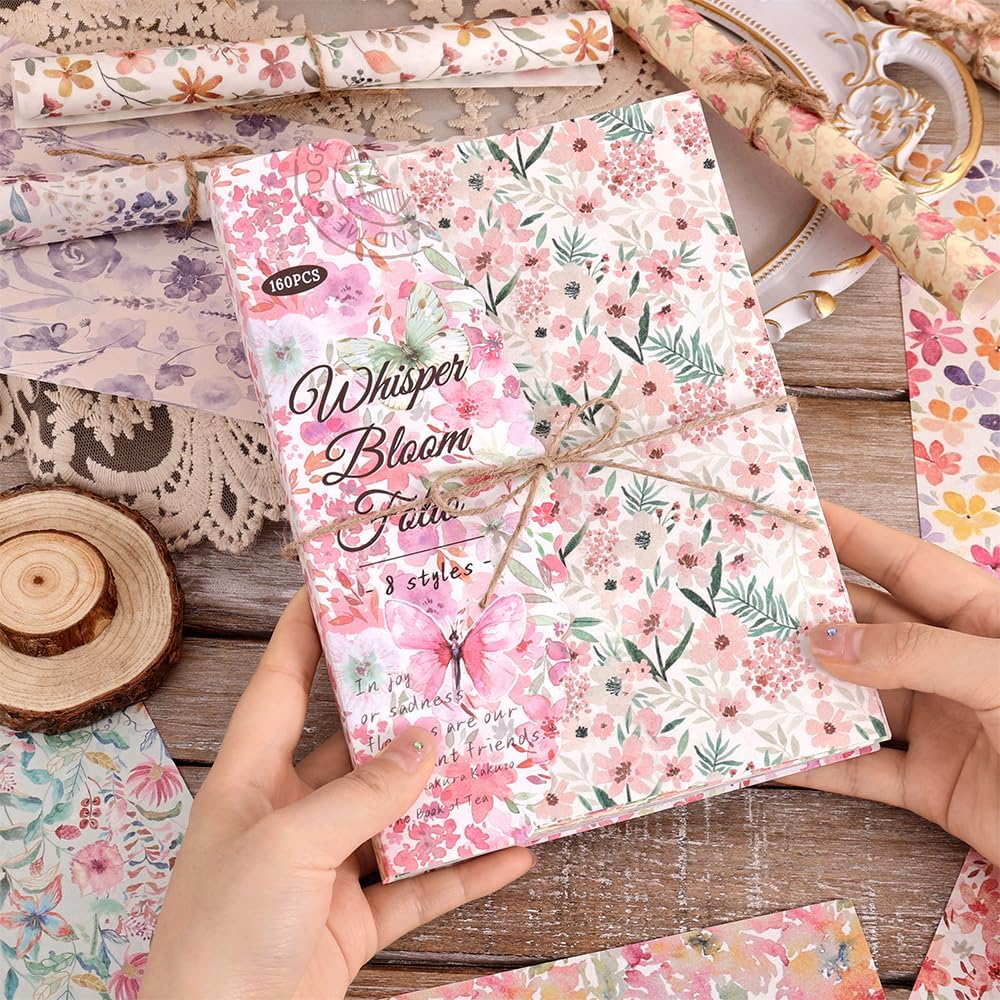 160 Sheets of Pink Flower Scrapbook Paper, journaling Scrapbook Supplies Craft Collage Paper Set, Junk Journal Bullet Journal Poster Room Decor for Card Making Decorative Gifts