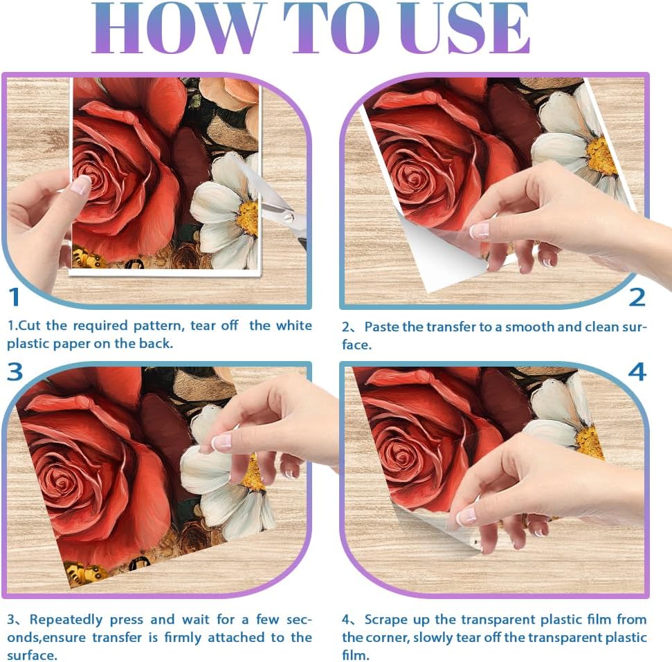 GLOBLELAND 4 Sheets Vintage Flowers Rub on Transfers Rose and Daisy Furniture Decor Transfers Sticker UV Transfers Decal Craft for Bedroom Living Room Desk Table Decoration