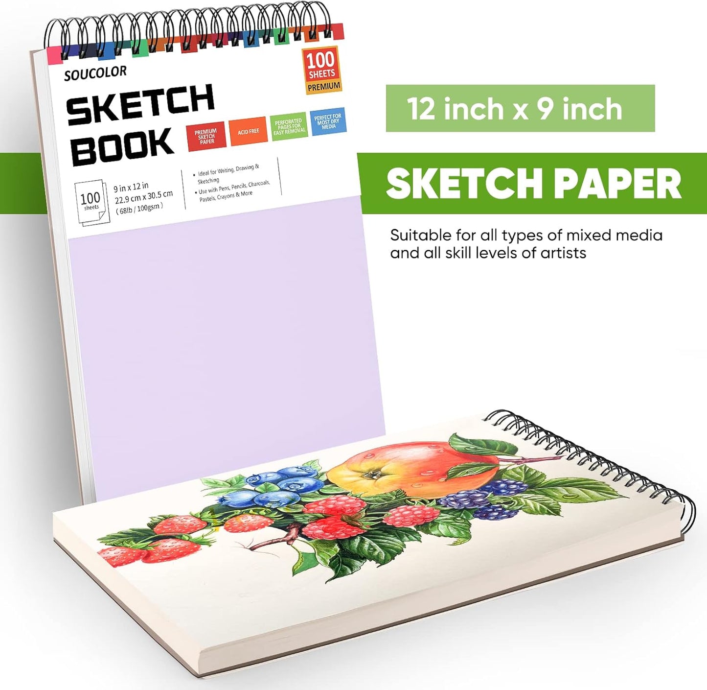 Soucolor 9" x 12" Aesthetic Sketch Book, 1-Pack 100 Sheets School Supplies Cute Sketchbook for Women, Japanese Stationary Sketching Supplies for Kids Teen Girl Gifts Birthday Gifts, Pastel Purple