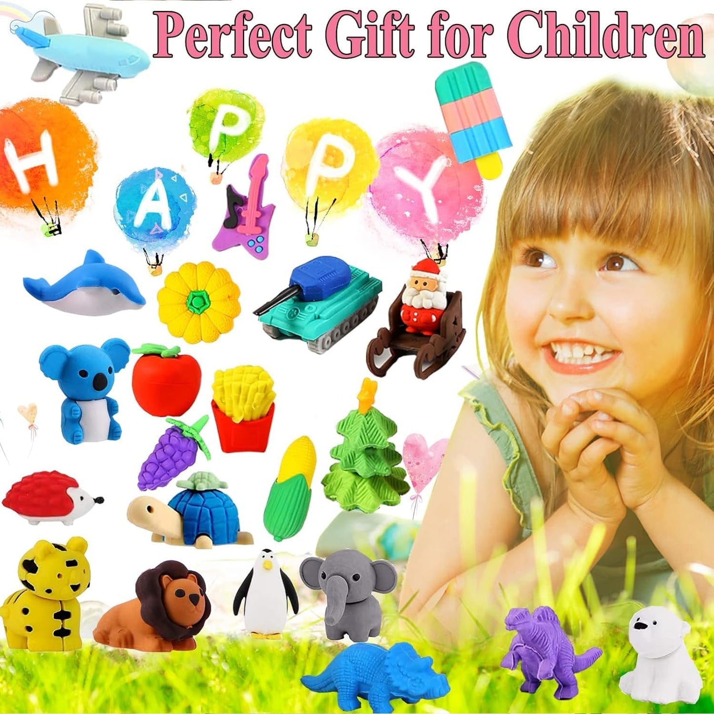 110Pcs Animal Erasers Kids Desk Pets Pencil Erasers 3D Puzzle Eraser Bulk Mini Animal Food Toys Fun Cute Eraser for Classroom Rewards, Game Prizes, Treasure Box, Easter Egg Fillers