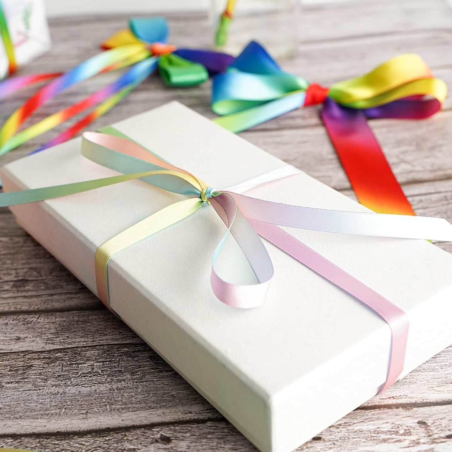 MEEDEE Pastel Rainbow Satin Ribbon - 3/8 inch Craft Gift Wrapping Wedding Pride Party Birthday Party Decoration Hair Bow - 50 Yards