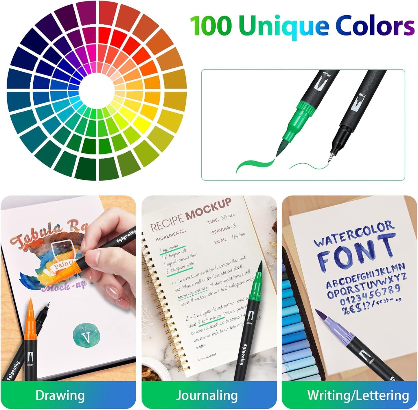 Dual Brush Pens, Markers Adult Coloring Book,100 Colors Art Pens with Fine Point Markers and Brush Tip for Adult Kids Drawing (Black Set)