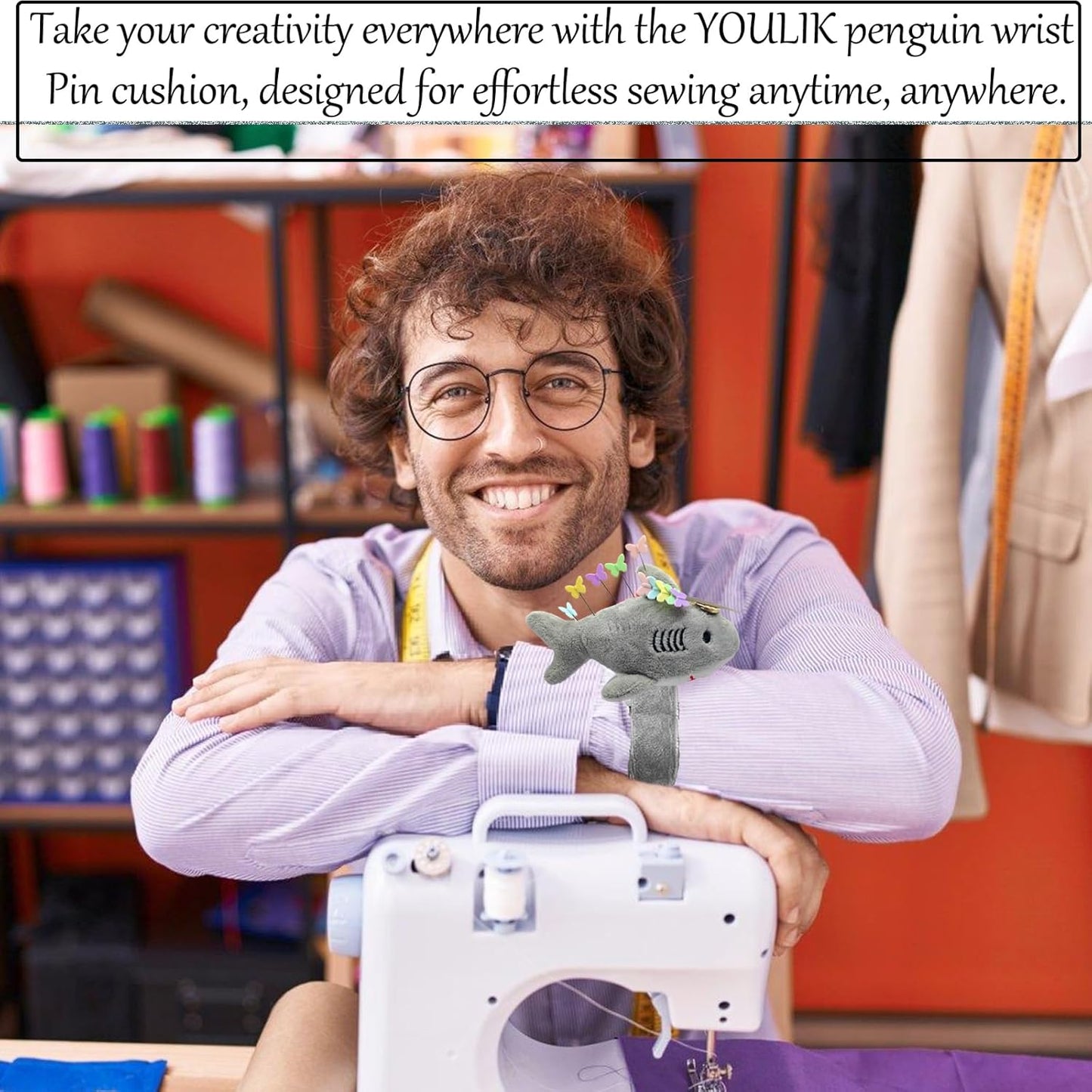 Cute Sharks Wrist Pin Cushion for Sewing with Magnetic, Snap Bracelet Wrist Bands for Pins and Needles Include 50 Lovely Butterfly Straight Pins.