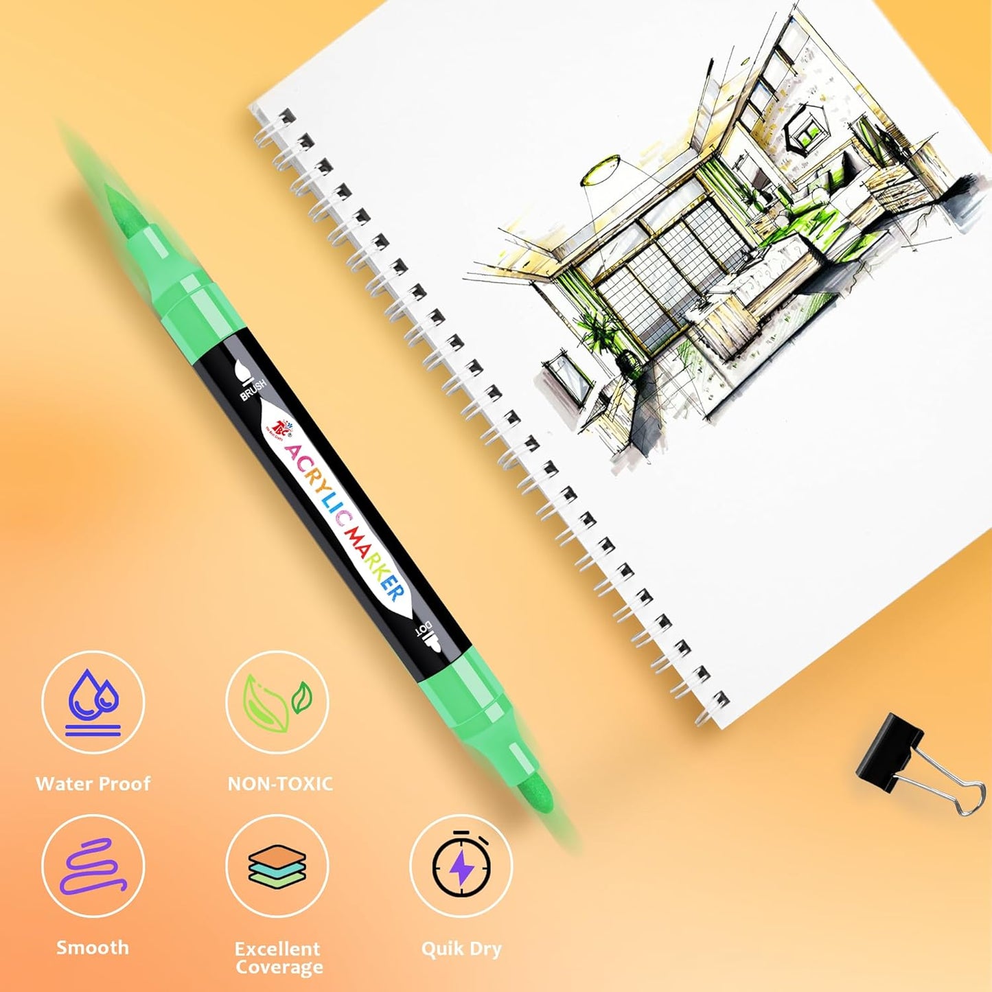 TBC The Best Crafts 24 Colors Dual Tip Acrylic Paint Markers,Waterproof, Non-Toxic, odorless, Suitable for Paper, Pottery, Stones, Backpacks, Glass