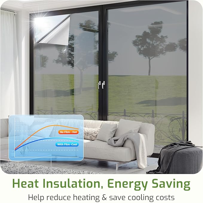 LUTE One Way Window Privacy Film, Window Tint for Home, Sun Blocking UV Heat Blocker, See Out Not in Reflective Mirror Film, Removable Static Cling Glass Door Cover, Black Silver, 23.6" x 157.4"