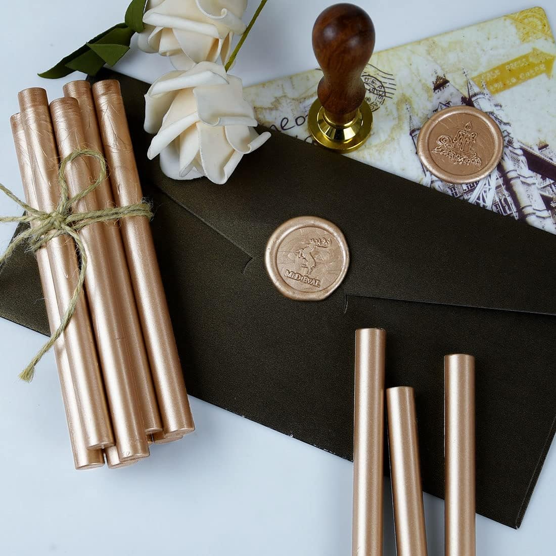 Champagne Gold Seal Wax Sticks for Large Glue Gun, Sealing Decoration for Wedding Invitation/Thanks Card Envelope/Shower Gifts Wrapping, 12 pcs/Box