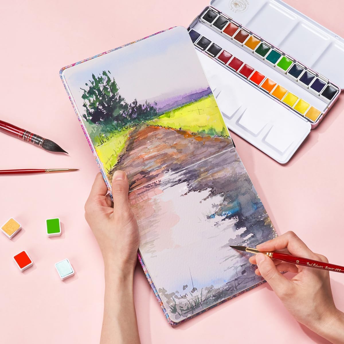 Lightwish Square Watercolor Journal,100% Cotton,300gsm/140lb,Acid-Free,24 Sheets Cold Press Watecolor Sketchbook for Artists Adults Students,6.29 * 6.29 Inches(Purple Sunset)