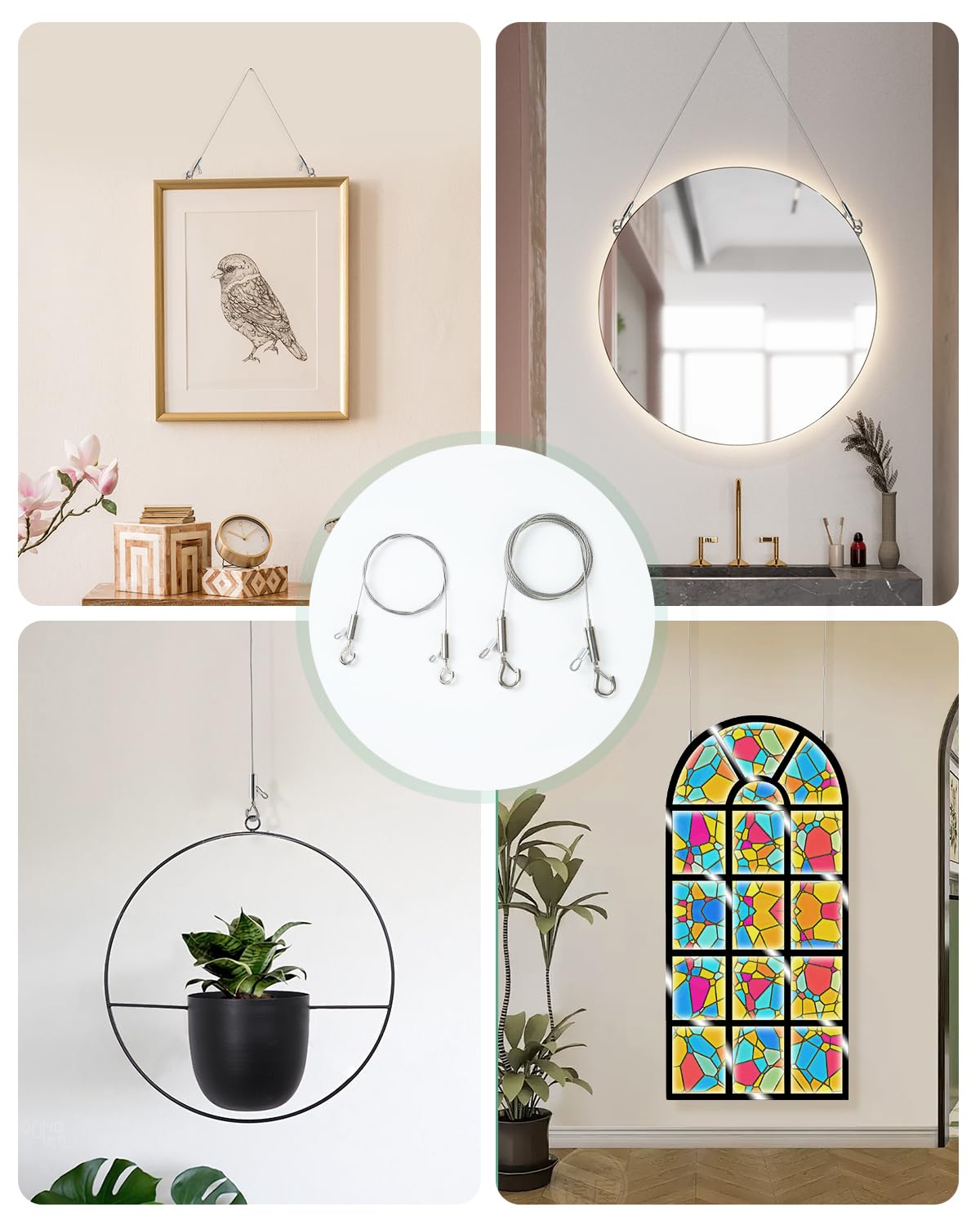 2PCS Adjustable Picture Hanging Wire 3m x 1.5mm Large Hooks, Picture Frame Wire Kit Heavy Duty 100lbs, Stainless Steel for Art, Mirror, Light Lamp, Billboards, Basket Flowerpot