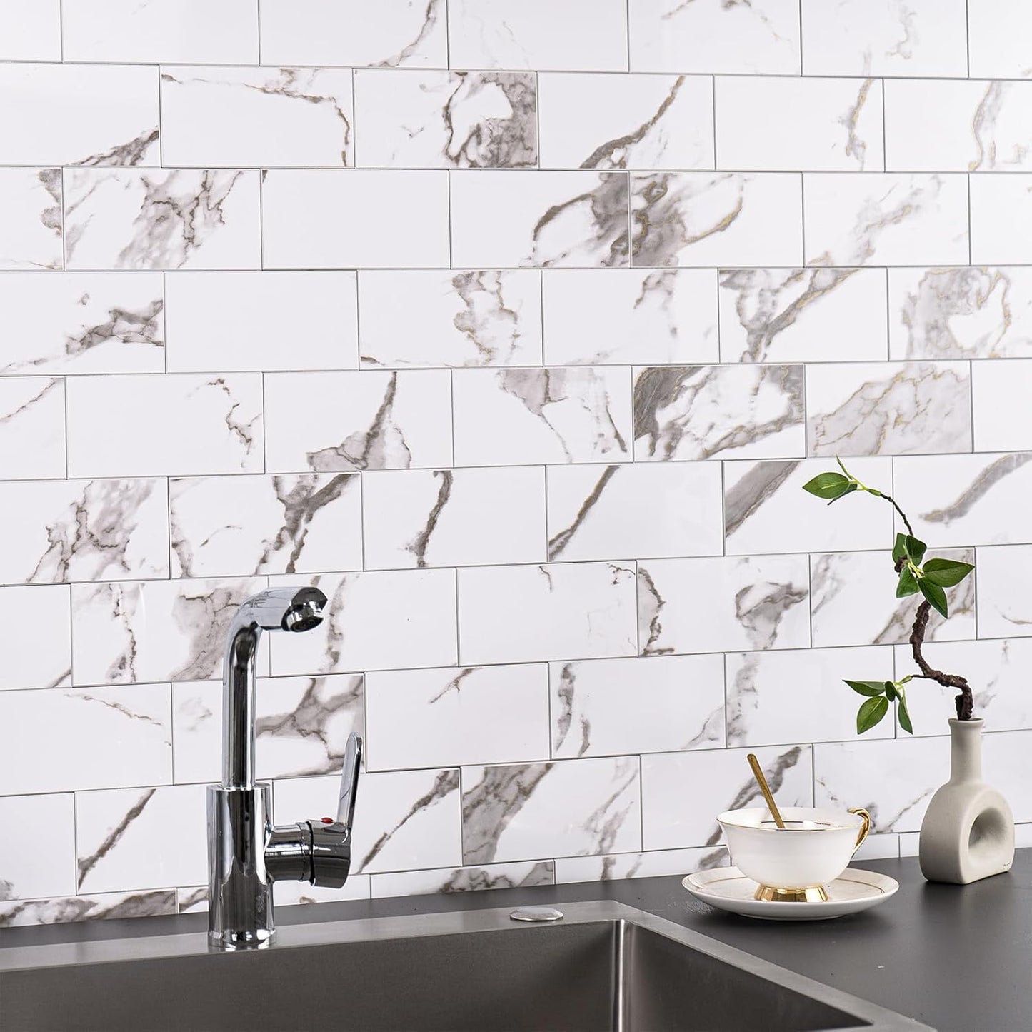 100 Pieces Peel and Stick Backsplash for Kitchen, 3" x 6" PVC Subway Tile 2026 Upgraded White Marble with Gold Accent Backsplash Stick on Tile Elevate Kitchen Fireplace RV