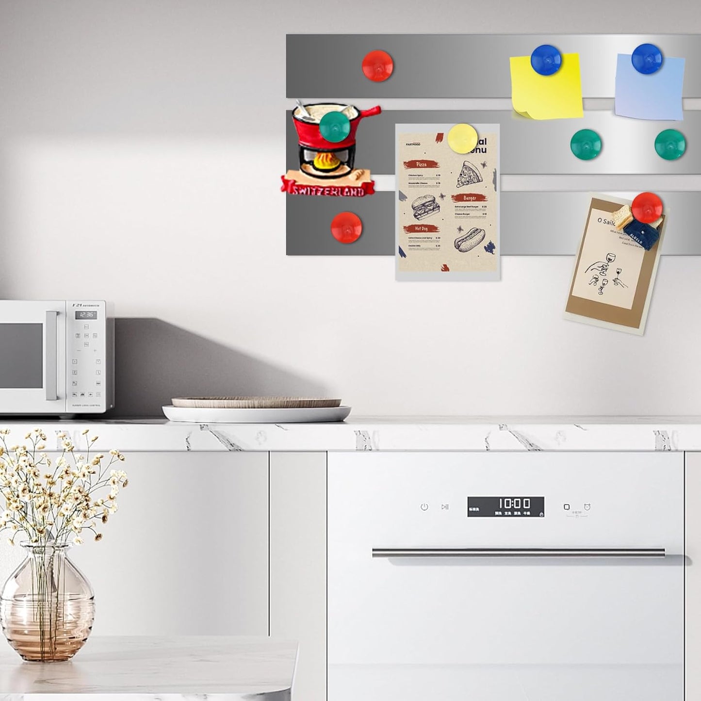 Self Adhesive Backing Metal Strip for Magnets, Flexible Ferrous Memo Tapes Roll for Bulletin Boards in Studio, Office, School (Glossy Silver, 118''L x 1.57''W, Contains 30 Magnets)