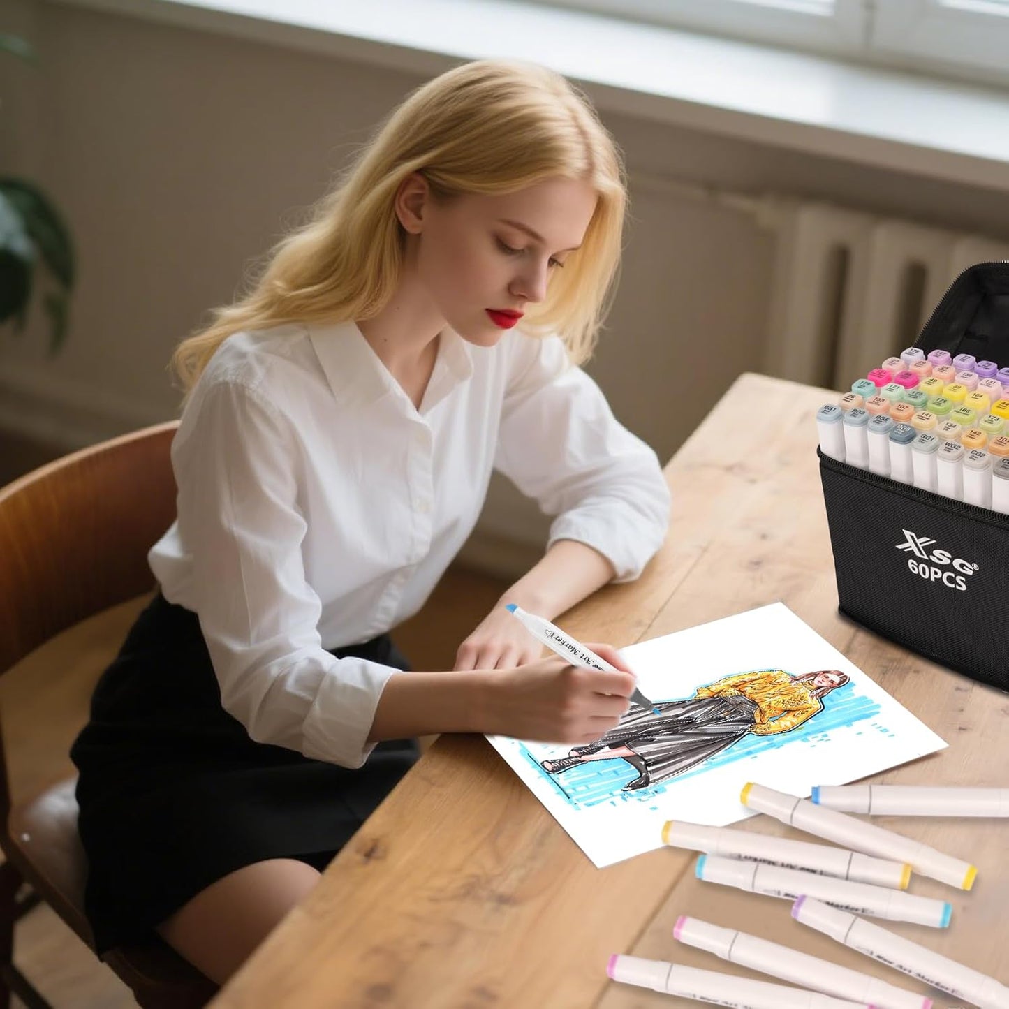 XSG Alcohol Markers,60 Colors Dual Tip Brush & Fine Tip Art Marker Set,for Blending & Shading,Ideal for Coloring Books & Professional Artwork,Includes Blender Pen & Portable Case,Ideal for All Ages