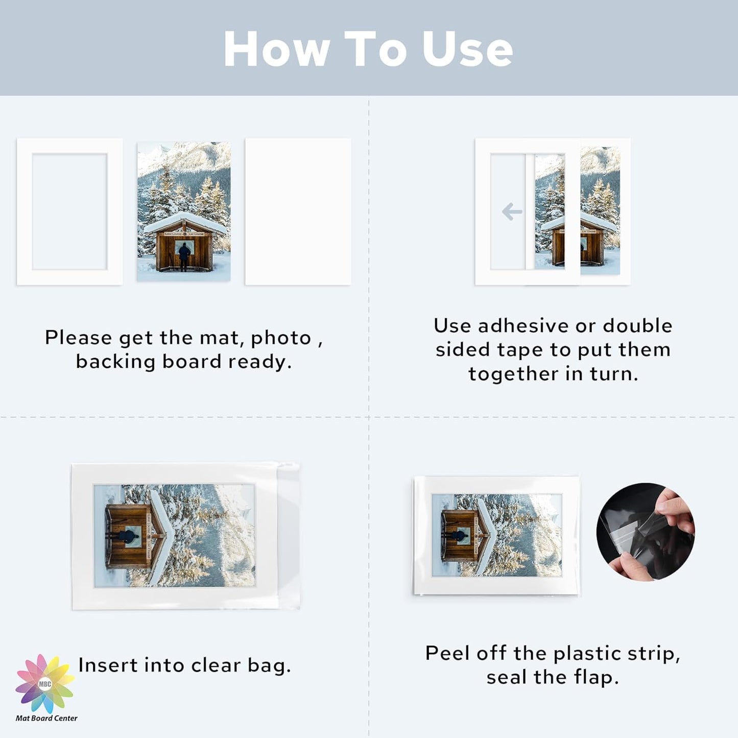 Mat Board Center, Pack of 50, 5x7 for 4x6 White Mat Kit - Acid Free, 4-ply Thickness, White Core - Includes Backing Boards and Clear Bags - for Pictures, Photos, Framing