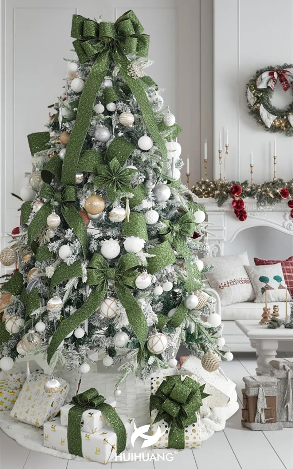 HUIHUANG Moss Green Wired Ribbon for Christmas Tree 2.5 inch Glitter Moss Diamond Mesh Ribbon for Tree Decoration, Wreaths, Garland, Gift Wrapping, Bows Making, Thanksgiving Decor -10 Yards