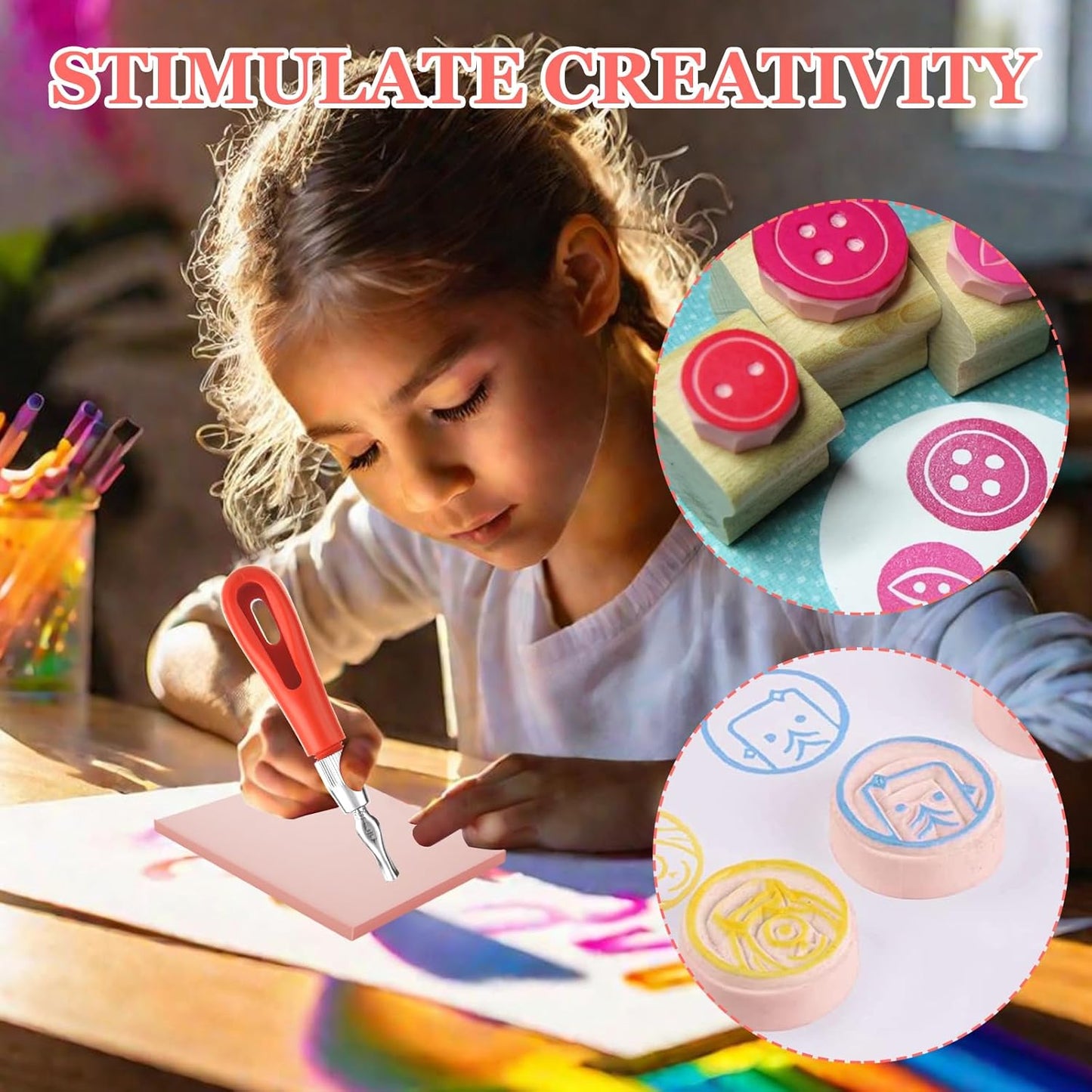 15 Pack Rubber Linocut Kit - 4 x 6 Inch Stamp Making Kit with Linocut Tools - Pink Rubber Block Stamp Printing Kit for Printmaking Supplies, DIY