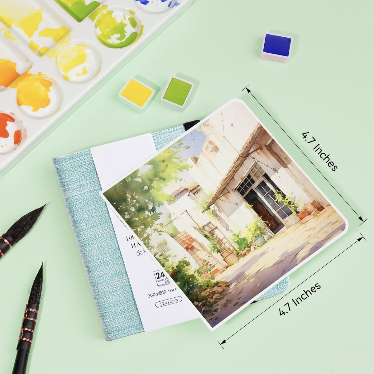 Lightwish Square Watercolor Journal,100% Cotton,300gsm/140lb,Acid-Free,24 Sheets Hot Press Watecolor Sketchbook for Artists Adults Students,4.7 * 4.7 Inches(Light Green)